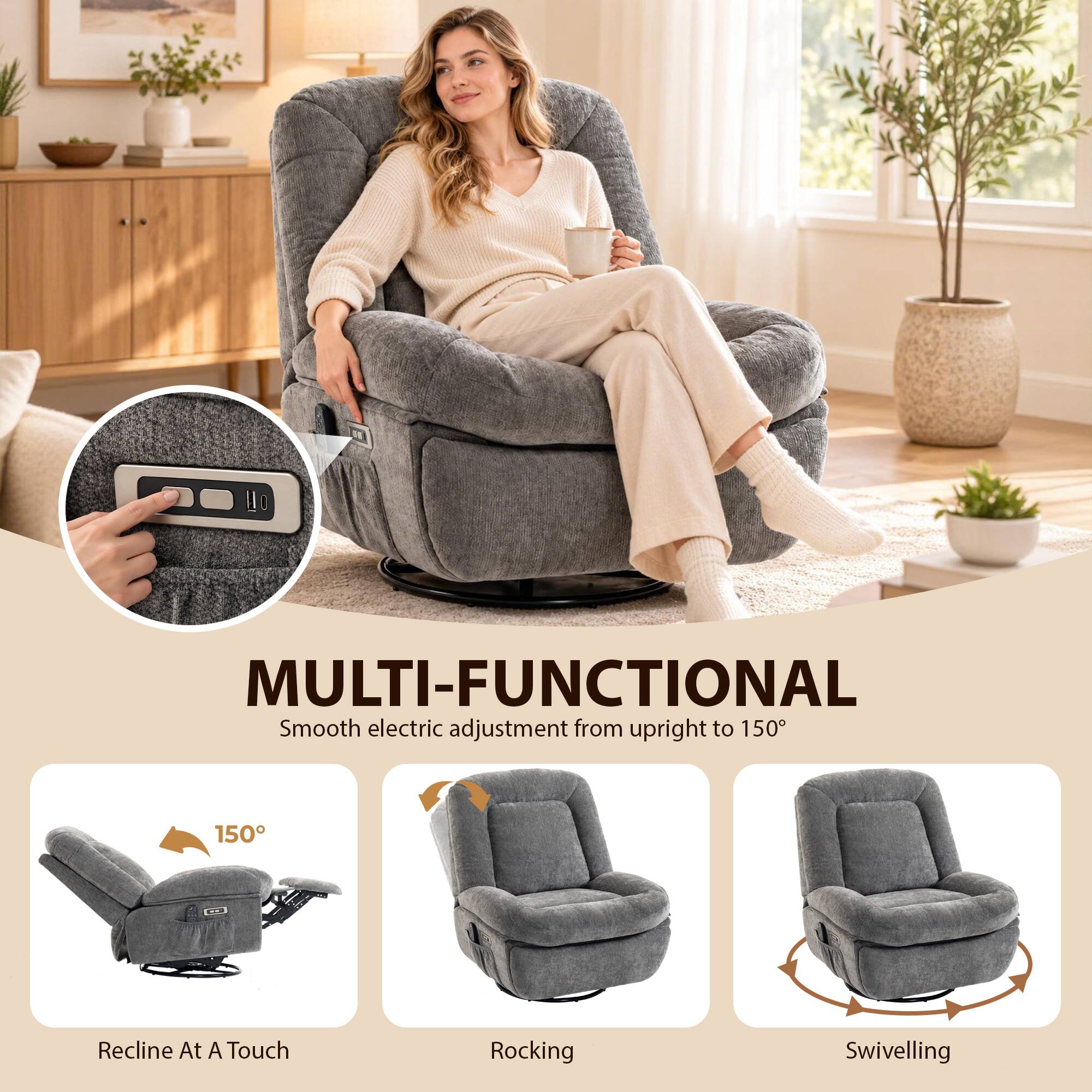 MULTI-FUNCTIONAL  
Smooth electric adjustment from upright to 150°  
Recline At A Touch  
Rocking  
Swivelling