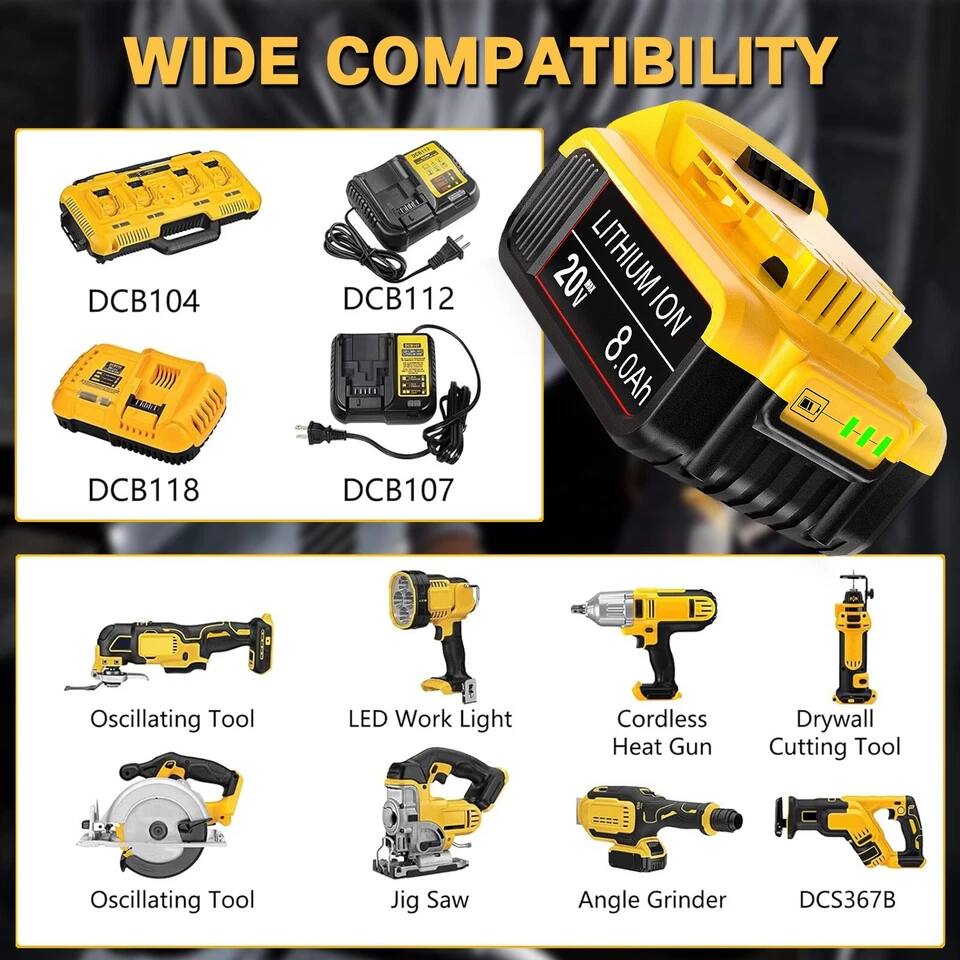 WIDE COMPATIBILITY

DCB104 DCB112 20v LITHIUM ION 8.0Ah DCB118 DCB107

Oscillating Tool LED Work Light Cordless Heat Gun Drywall Cutting Tool Oscillating Tool Jig Saw Angle Grinder DCS367B