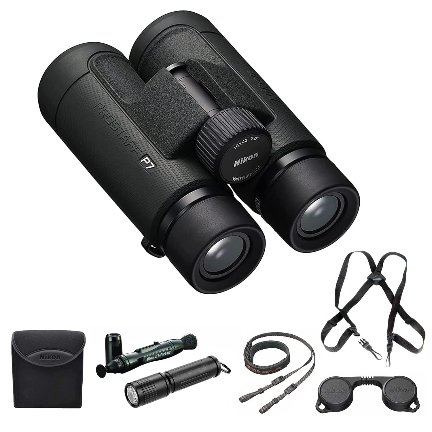 Nikon - PROSTAFF P7 10x42 Binoculars With Lens Pen, Waith Harness, & Flashlight - Black
