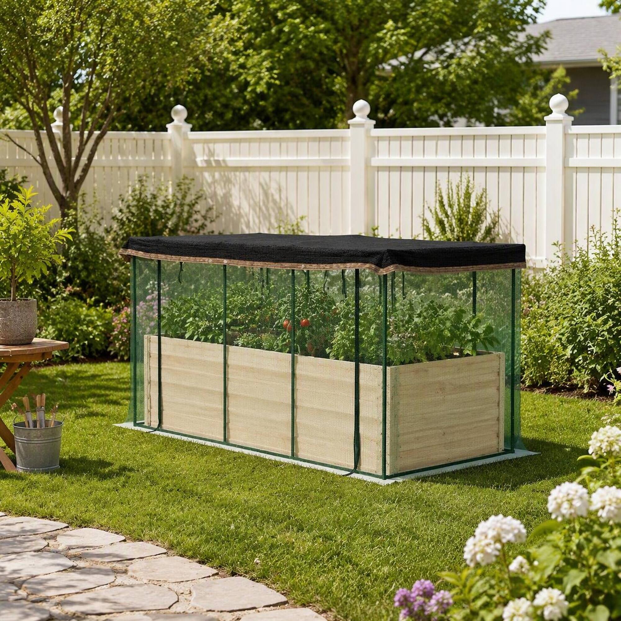 Back. RYHNUYNE - Galvanized Steel Raised Garden Bed with Crop Cage and Shade Cloth, 90.5x43.25x43.25 Inch, Beige Planter - Beige.