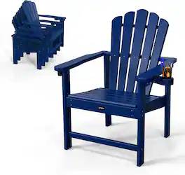 Winado - Plastic Folding Adirondack Chair with Cup Holder Comfortable for Outdoor Garden Pool Patio Lounge Chair Lawn Furniture - Navy Blue