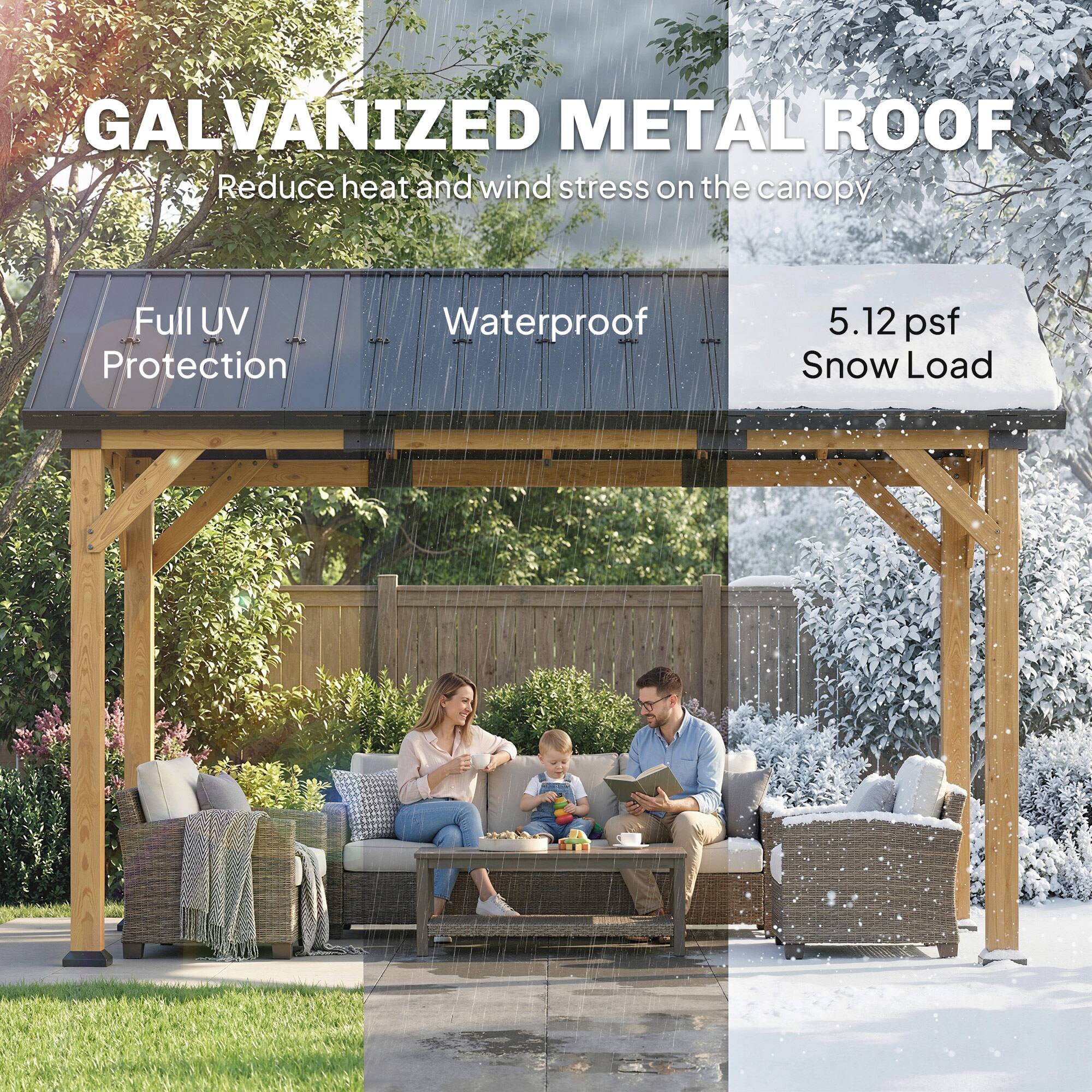 GALVANIZED METAL ROOF  
Reduce heat and wind stress on the canopy  

Full UV Protection  
Waterproof  
5.12 psf Snow Load