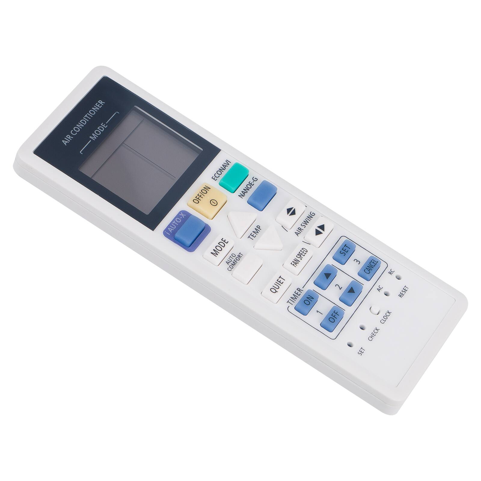 Sure, here is the corrected and grouped text from the image:

**Air Conditioner Mode:**
- AUTO-X
- COMFORT
- ECONAVI
- OFFION
- NANOE-G

**Air Mode:**
- AIR SWING

**Fan Speed:**
- TEMP

**Additional Features:**
- QUIET
- TIMER
- ON
- OFF
- CLOCK
- CHECK
- SET

**Buttons:**
- SET
- CANCEL
- AC
- RESET
- 1
- 2
- 3