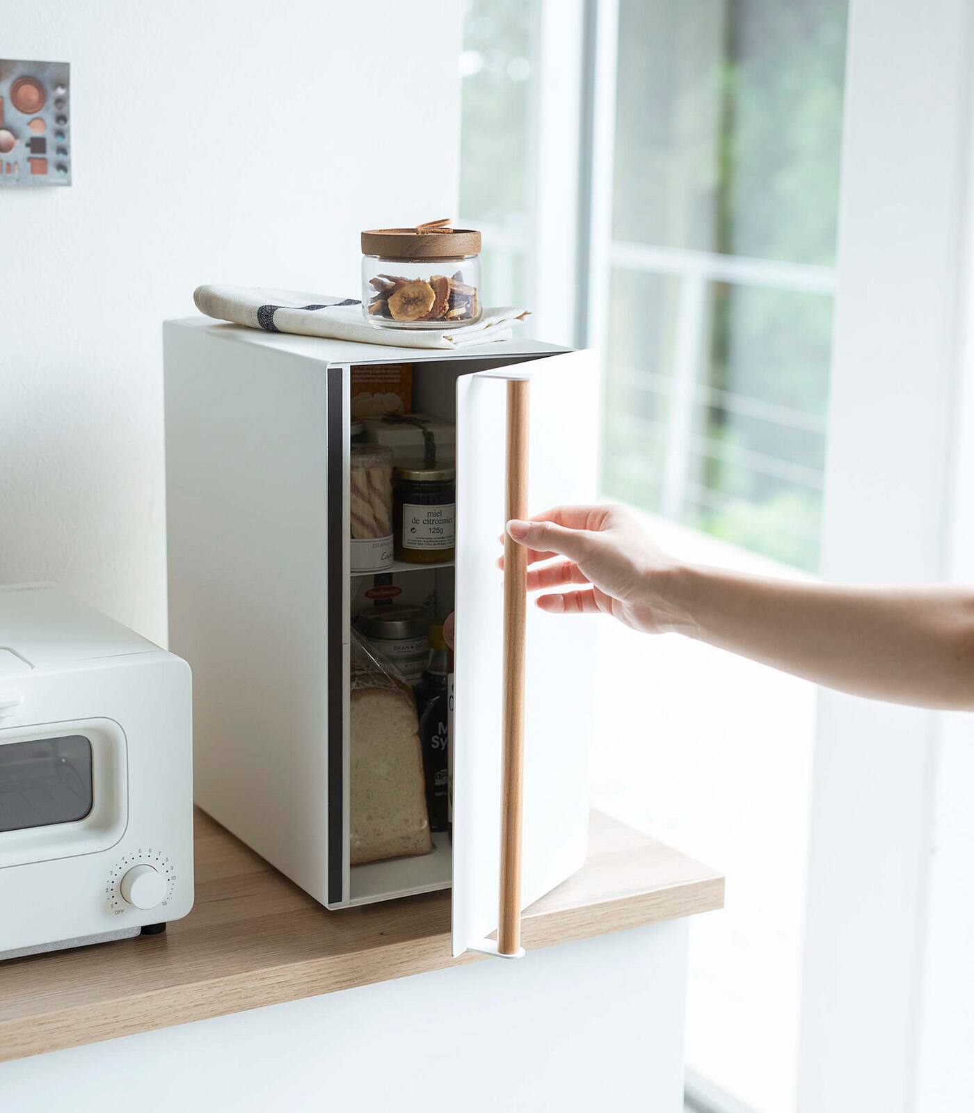 Alt View 2. Yamazaki Home - Bread Box - Vertical - Steel + Wood.