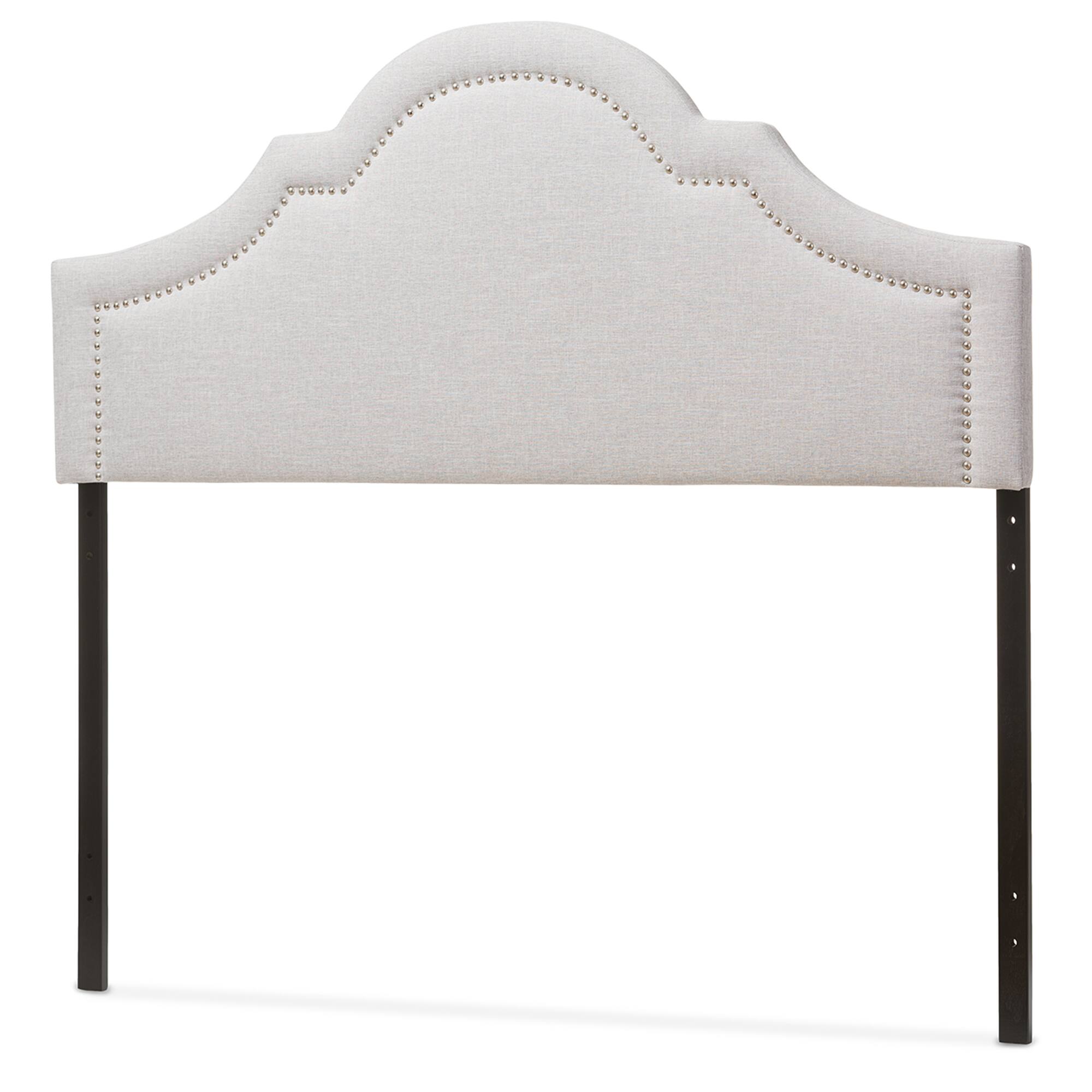 Angle. Baxton Studio - Rita Modern and Contemporary Fabric Upholstered Full Size Headboard - Greyish Beige.
