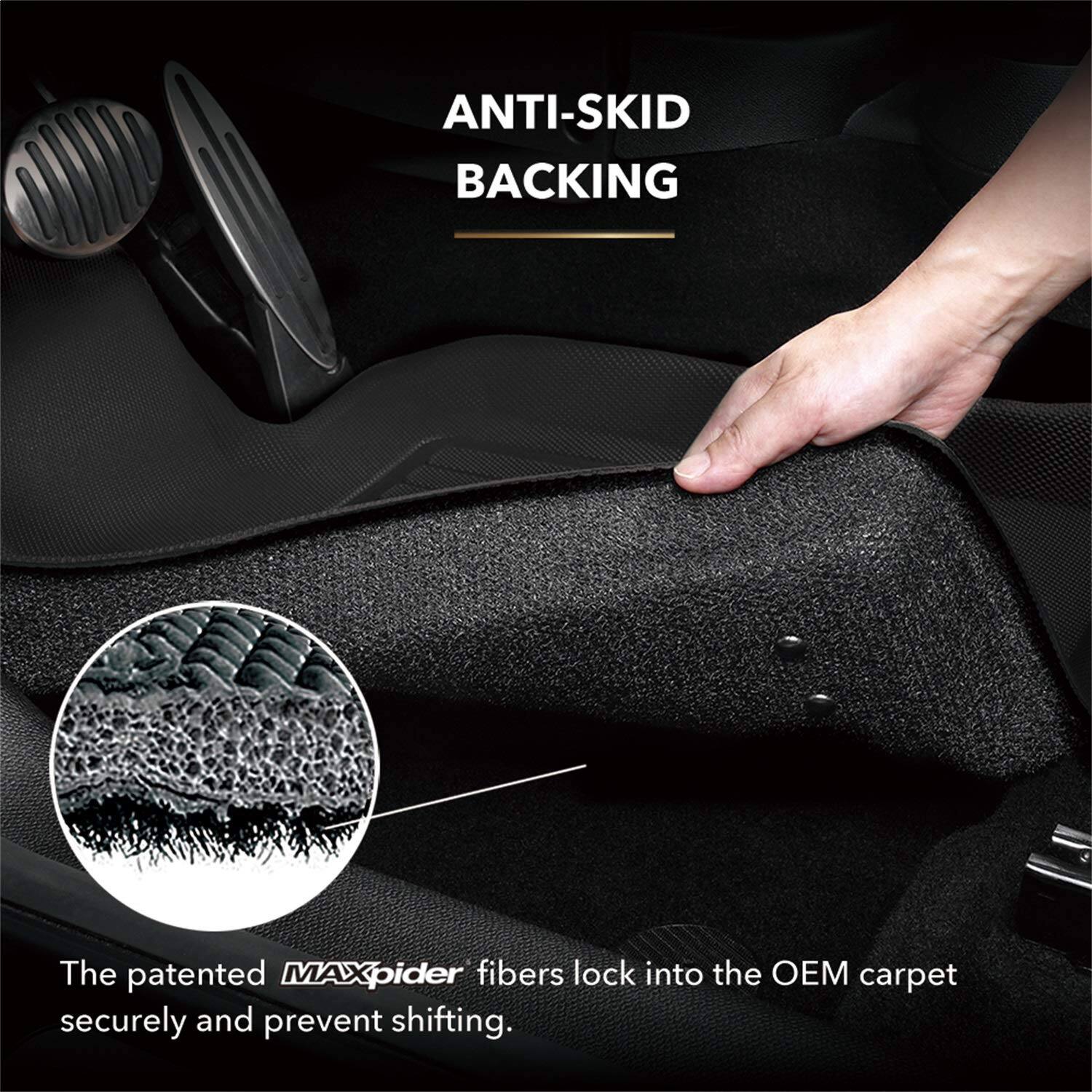ANTI-SKID BACKING

The patented MAXpider fibers lock into the OEM carpet securely and prevent shifting.
