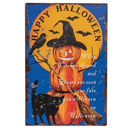 BreeBe - Happy Halloween Witchy Jack & Cat Tin Sign - 10x15 - Multicolor