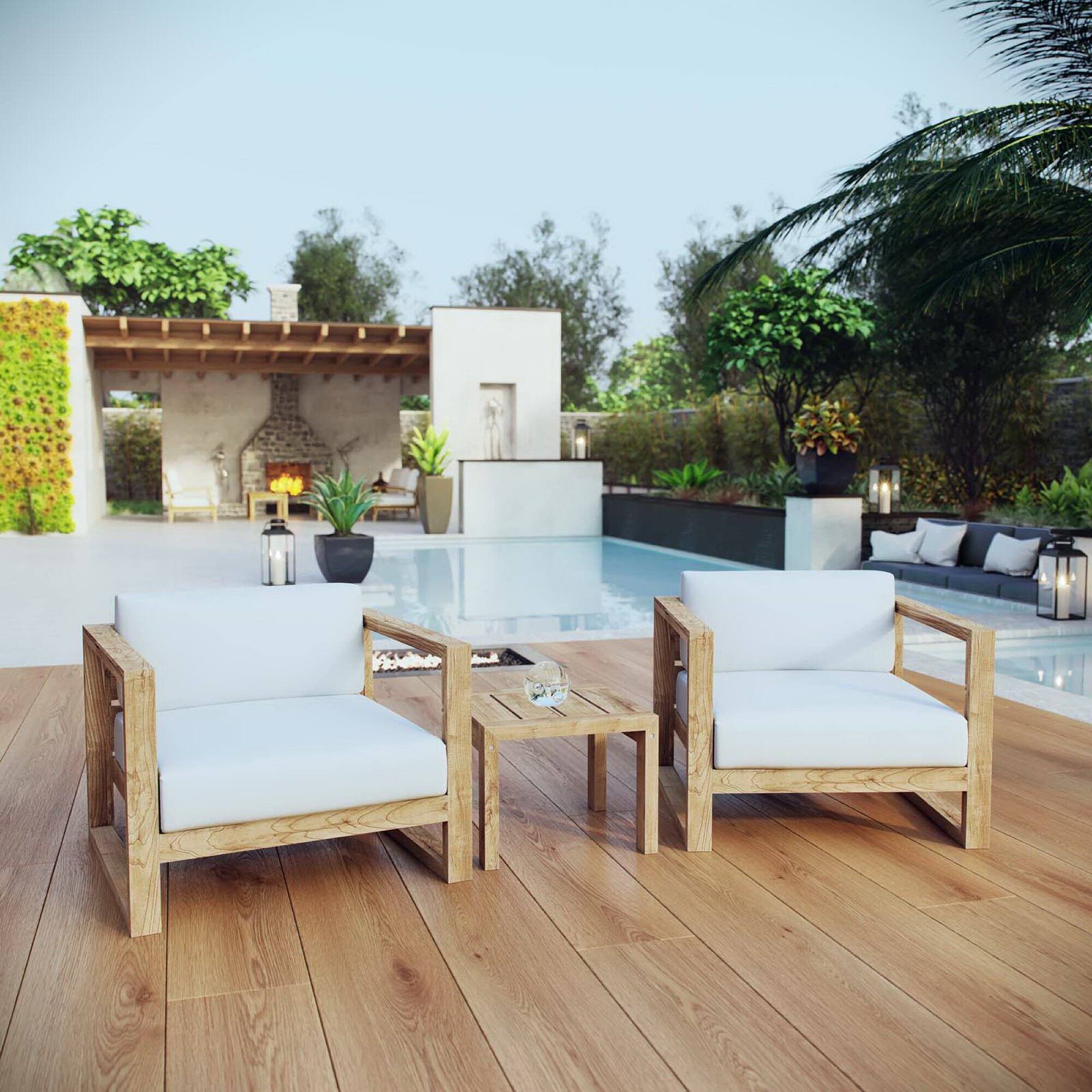 Alt View 3. Modway - Upland 3-Piece Outdoor Teak Patio Set with All-Weather Cushions - Natural White.