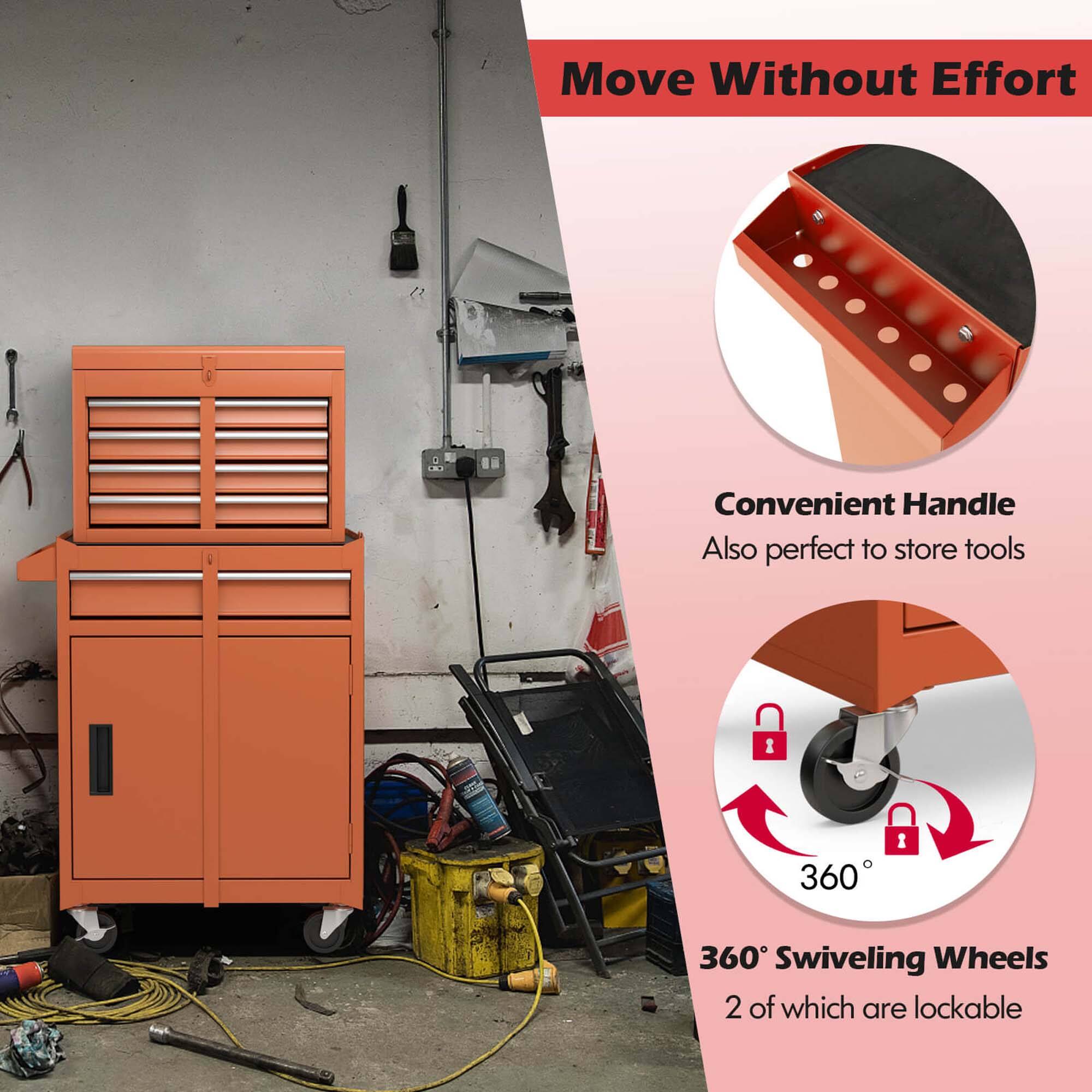 Move Without Effort

Convenient Handle  
Also perfect to store tools

360° Swiveling Wheels  
2 of which are lockable