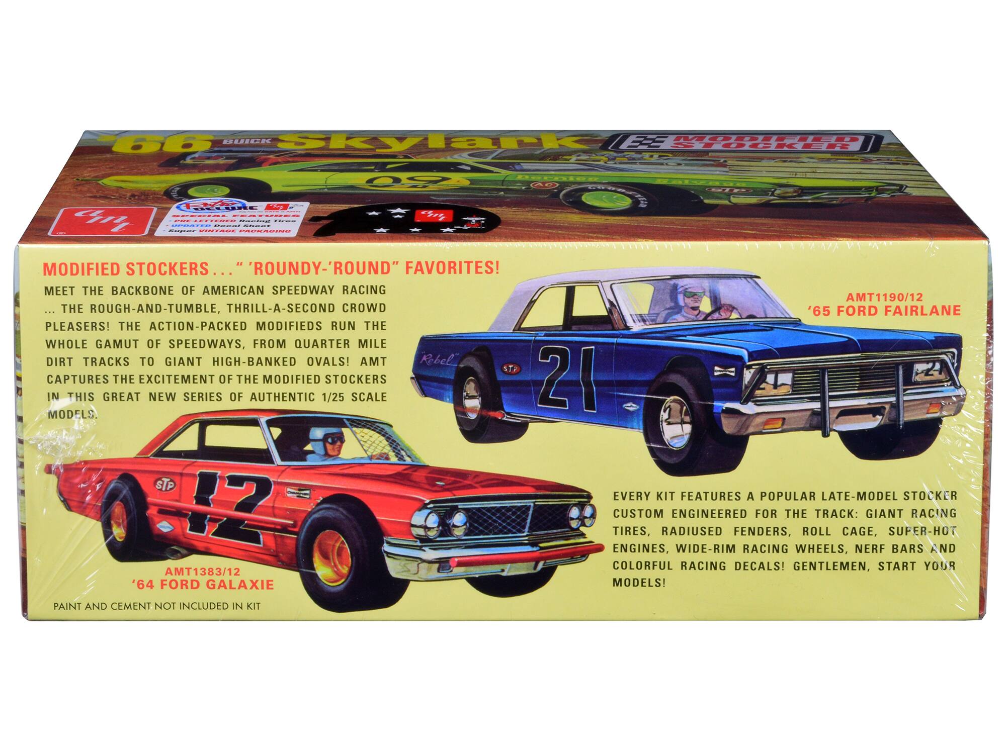 MODIFIED STOCKERS ... "ROUNDY-'ROUND" FAVORITES!  
MEET THE BACKBONE OF AMERICAN SPEEDWAY RACING ... THE ROUGH-AND-TUMBLE, THRILL-A-SECOND CROWD PLEASERS! THE ACTION-PACKED MODIFIEDS RUN THE WHOLE GAMUT OF SPEEDWAYS, FROM QUARTER MILE DIRT TRACKS TO GIANT HIGH-BANKED OVALS!  
AMT1190/12 | THE ROUGH-AND-TUMBLE, THRILL-A-SECOND CROWD '65 FORD FAIRLANE PLEASERS!  
THE ACTION-PACKED MODIFIEDS RUN THE WHOLE GAMUT OF SPEEDWAYS, FROM QUARTER MILE DIRT TRACKS TO GIANT HIGH-BANKED OVALS!  
AMT Robel STP CAPTURES IN THIS GREAT NEW SERIES OF THE AUTHENTIC MODIFIED 1/25 STOCKERS SCALE MODELS!  
EVERY KIT FEATURES A POPULAR LATE-MODEL STOCKER ENGINEERED FOR THE TRACK: GIANT RACING TIRES, RADIUSED FENDERS, ROLL CAGE, SUPER-HOT WIDE-RIM RACING