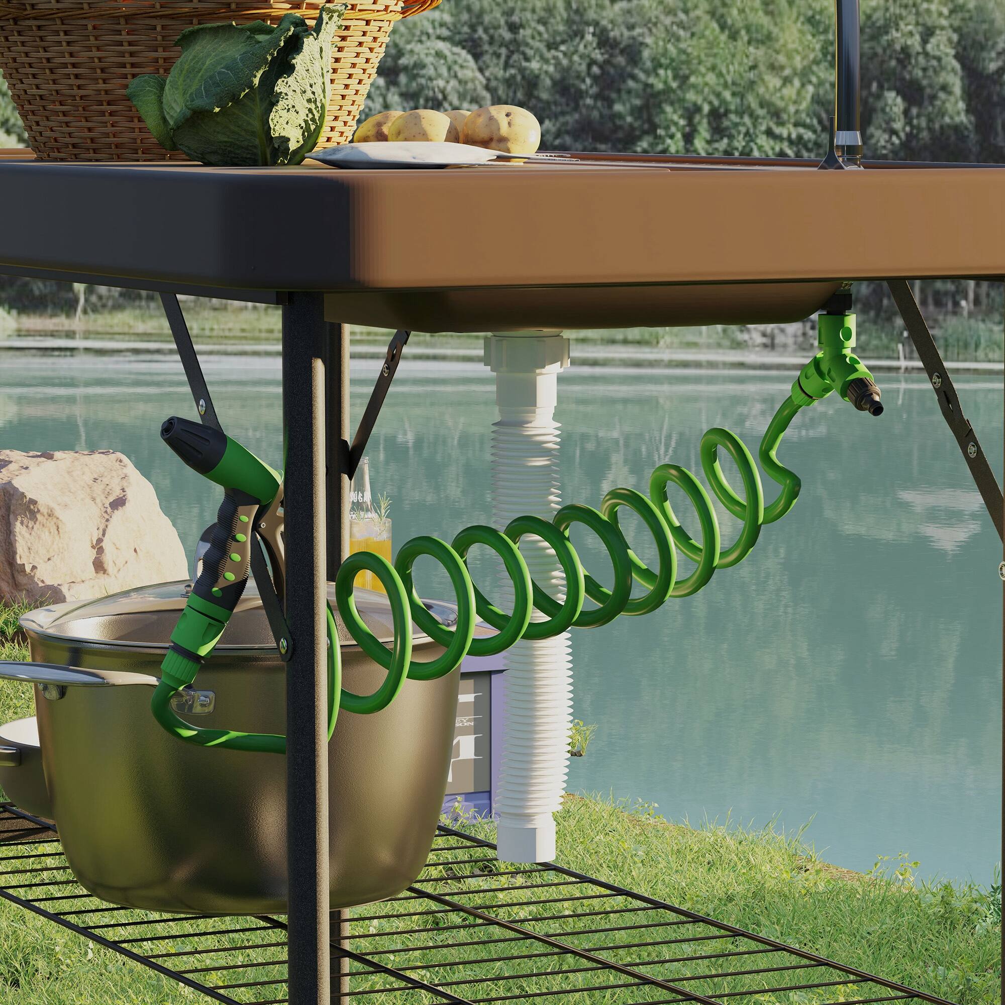 Alt View 7. Outsunny - Folding Fish Cleaning Table with Sink, Portable Camping Sink Station with Faucet, Drainage Hose, Sprayer - Tan.