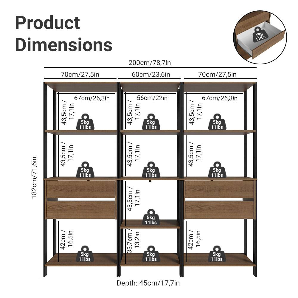 Product Dimensions

- Height: 200cm/78.7in
- Width: 70cm/27.5in
- Depth: 45cm/17.7in

Shelf Dimensions:

- Top Shelf: 70cm/27.5in (Width) x 60cm/23.6in (Depth)
- Second Shelf: 67cm/26.3in (Width) x 43.5cm/17.1in (Depth)
- Third Shelf: 56cm/22in (Width) x 43.5cm/17.1in (Depth)
- Fourth Shelf: 67cm/26.3in (Width) x 43.5cm/17.1in (Depth)
- Fifth Shelf: 42cm/16.5in (Width) x 43.5cm/17.1in (Depth)
- Bottom Shelf: 42cm/16.5in (Width) x 43.5cm/17.1in (Depth)

Each Shelf Capacity: 5kg/11lbs