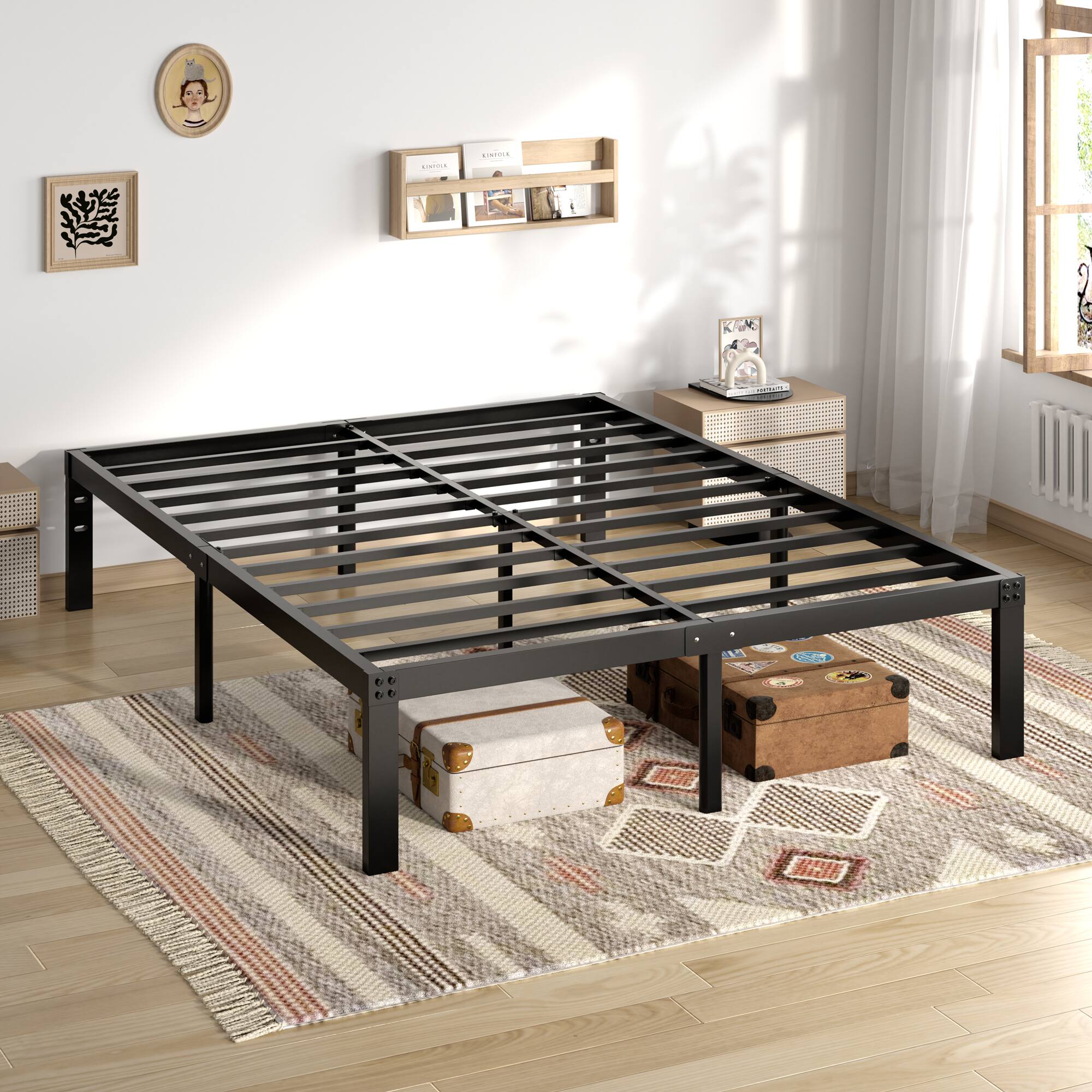 Front. Vecelo - King Metal Platform Bed Frame with 12"Under-Bed Storage,Noise-Free Steel Slats,No Box Spring Needed, Heavy Duty Frame - Black.