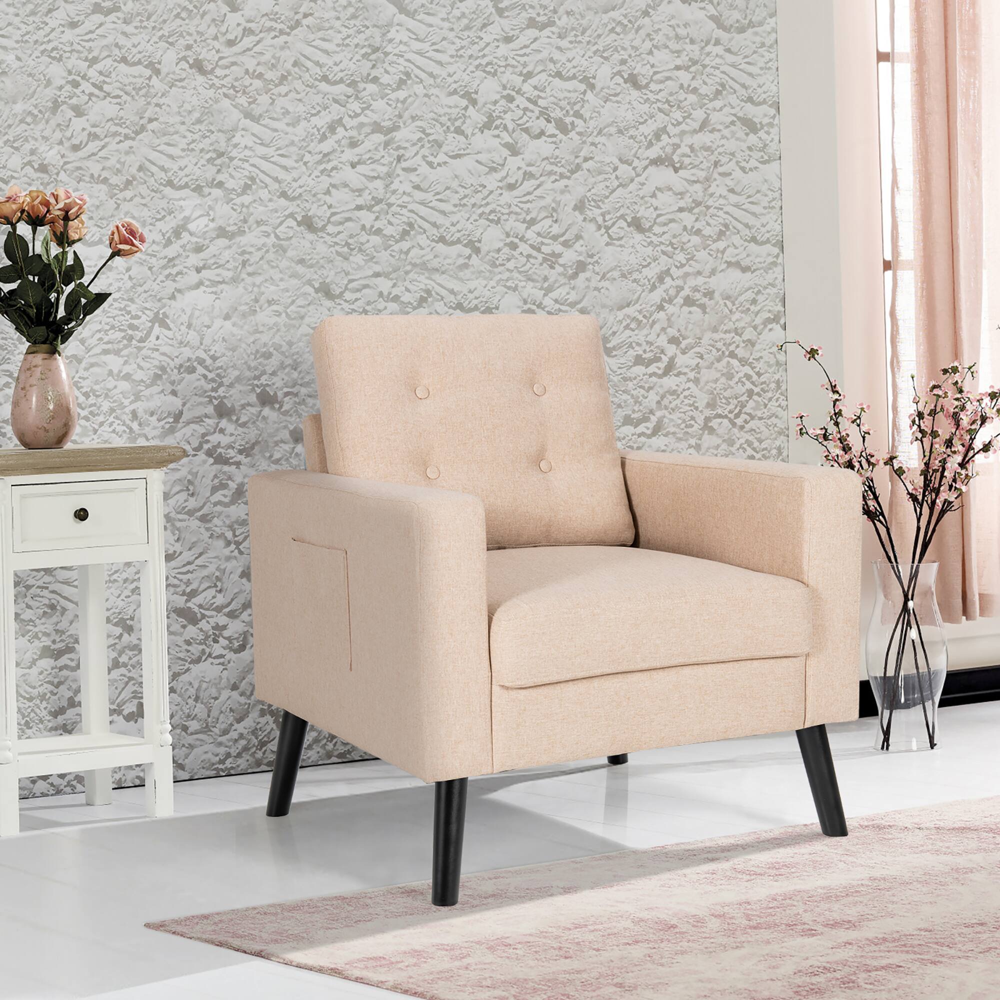 Angle. Costway - Modern Accent Upholstered Single Sofa Chair with 2-Side Pockets - Beige.