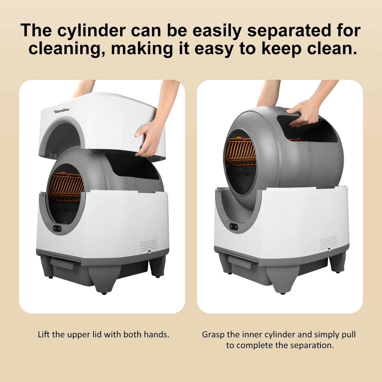 The cylinder can be easily separated for cleaning, making it easy to keep clean.

Lift the upper lid with both hands.

Grasp the inner cylinder and simply pull to complete the separation.