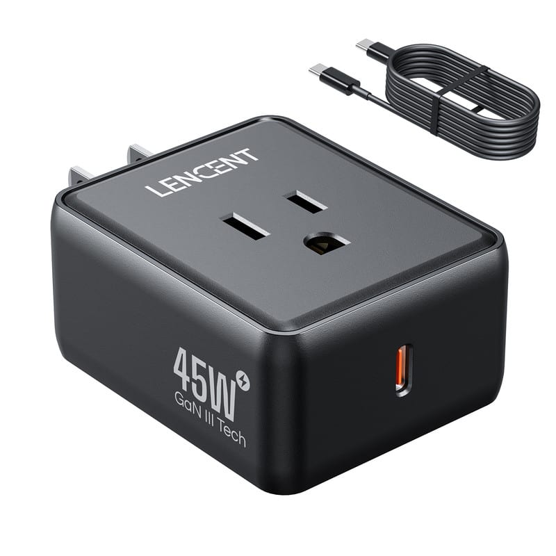 LENCENT - LENCEN 45W Portable Power Adapter US 3 Prong Plug USB Wall Charger with 1 USB for Home Office - Black