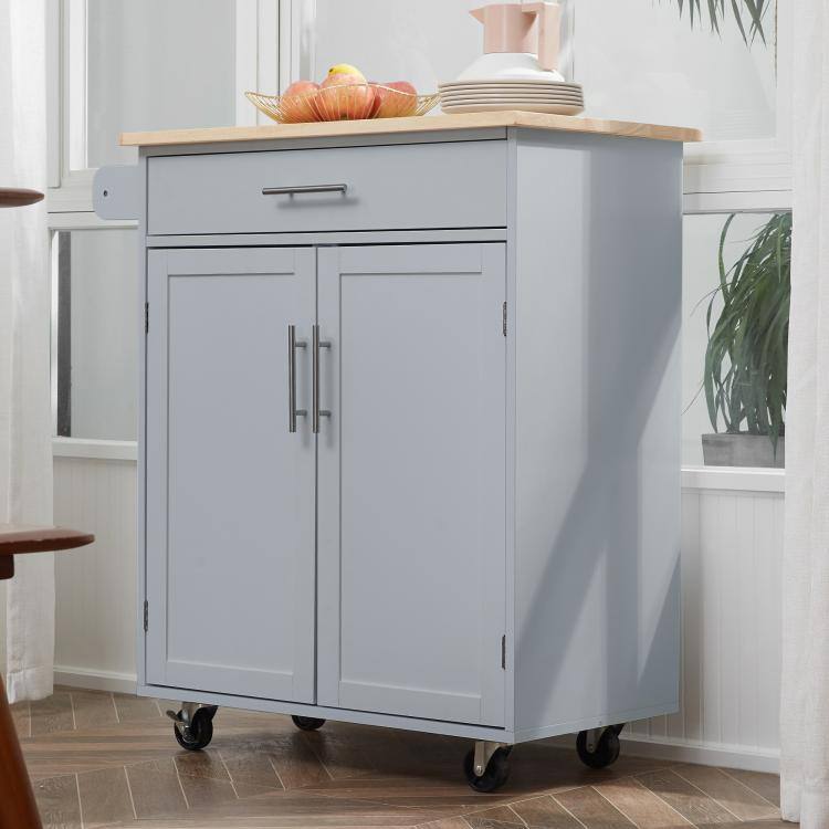 Alt View 2. PULUZ - Kitchen Island Cart, Rolling Island Table with Solid Wood Top, Trolley Cart with Drawer, Storage Cabinet & Towel Rack - Gray.