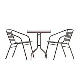 Emma + Oliver - Rhea 23.5'' Square Glass Top Metal Table with 2 Aluminum Slat Stack Chairs - Bronze