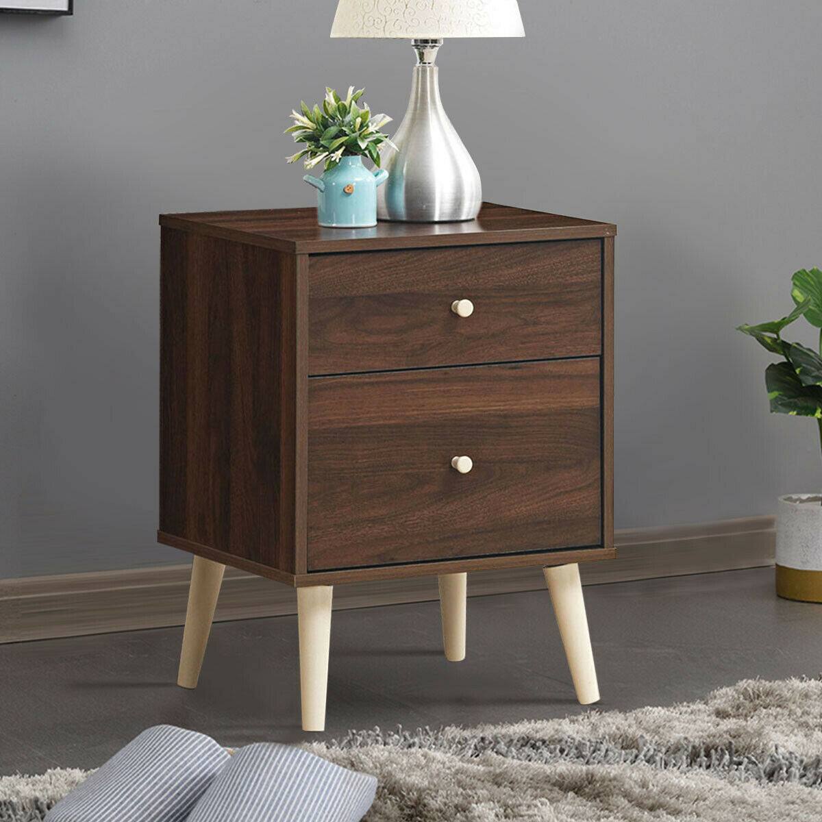 Alt View 12. Costway - Nightstand 2-Drawer Beside End Side Table with Rubber Legs Finish - Walnut.