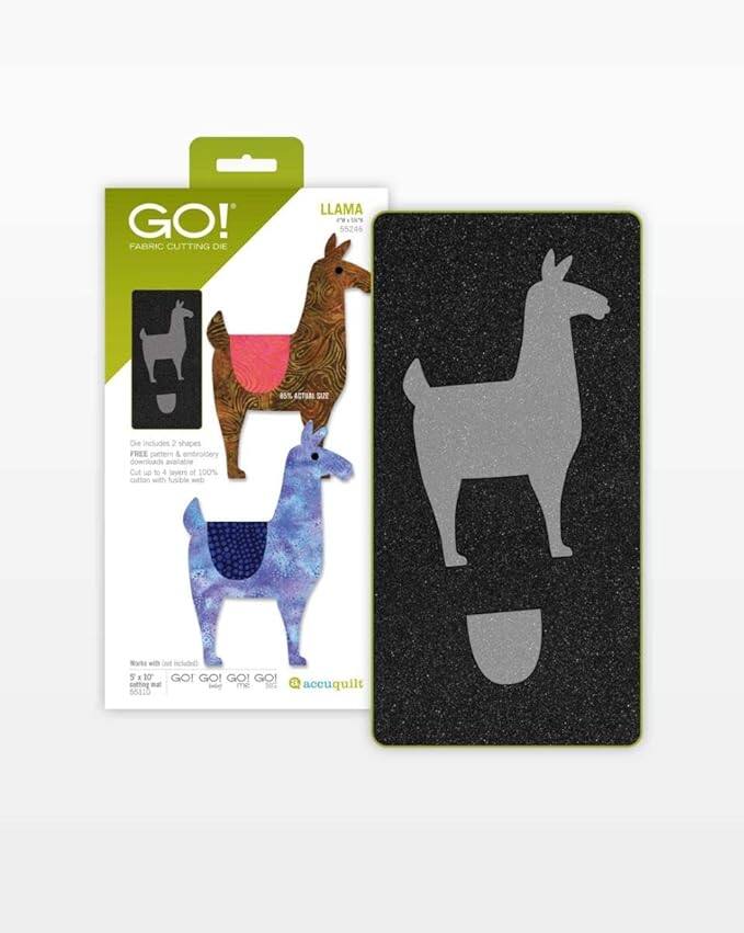 GO! FABRIC CUTTING DIE LLAMA  
Item No: 55246  
45% ACTUAL SIZE  

Die includes 2 shapes  
FREE cutting & embroidery downloads available  
Cut up to 4 layers of 100% cotton with fusible web  

Works with GO! cutting mat 55425  

5" x 10" cutting mat included  
GO! GO! GO!  
acuquilt