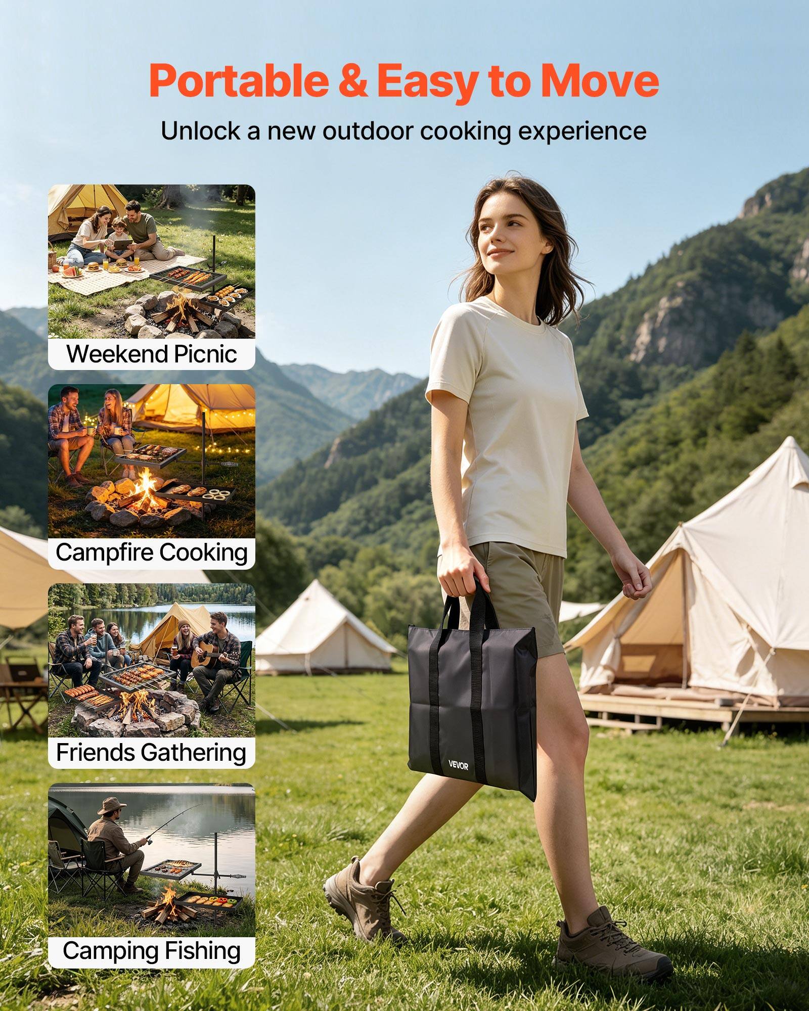 Portable & Easy to Move  
Unlock a new outdoor cooking experience  
Weekend Picnic  
Campfire Cooking  
Friends Gathering  
Camping Fishing