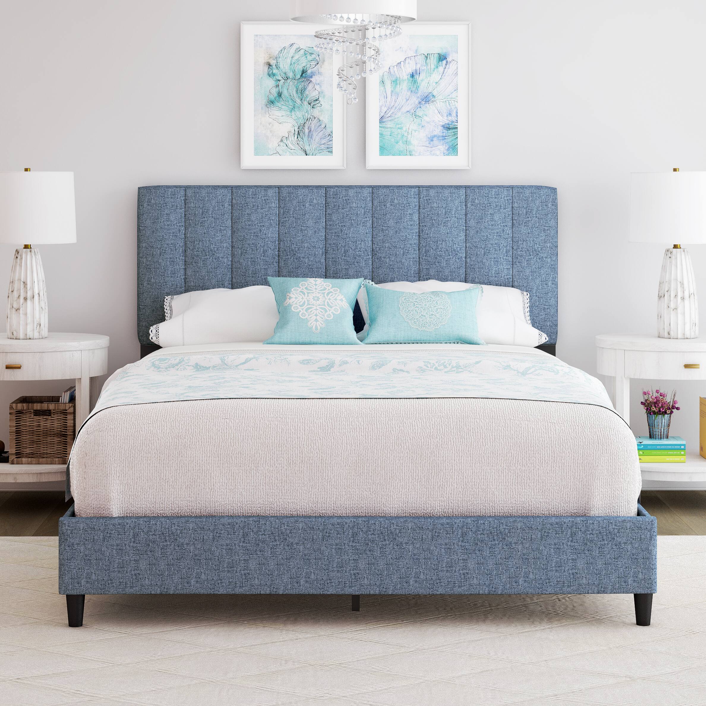 Alt View 4. Boyd Sleep - Leah Upholstered Platform Bed Frame, 13 Slat Support, No Box Spring Required, Full - Blue.