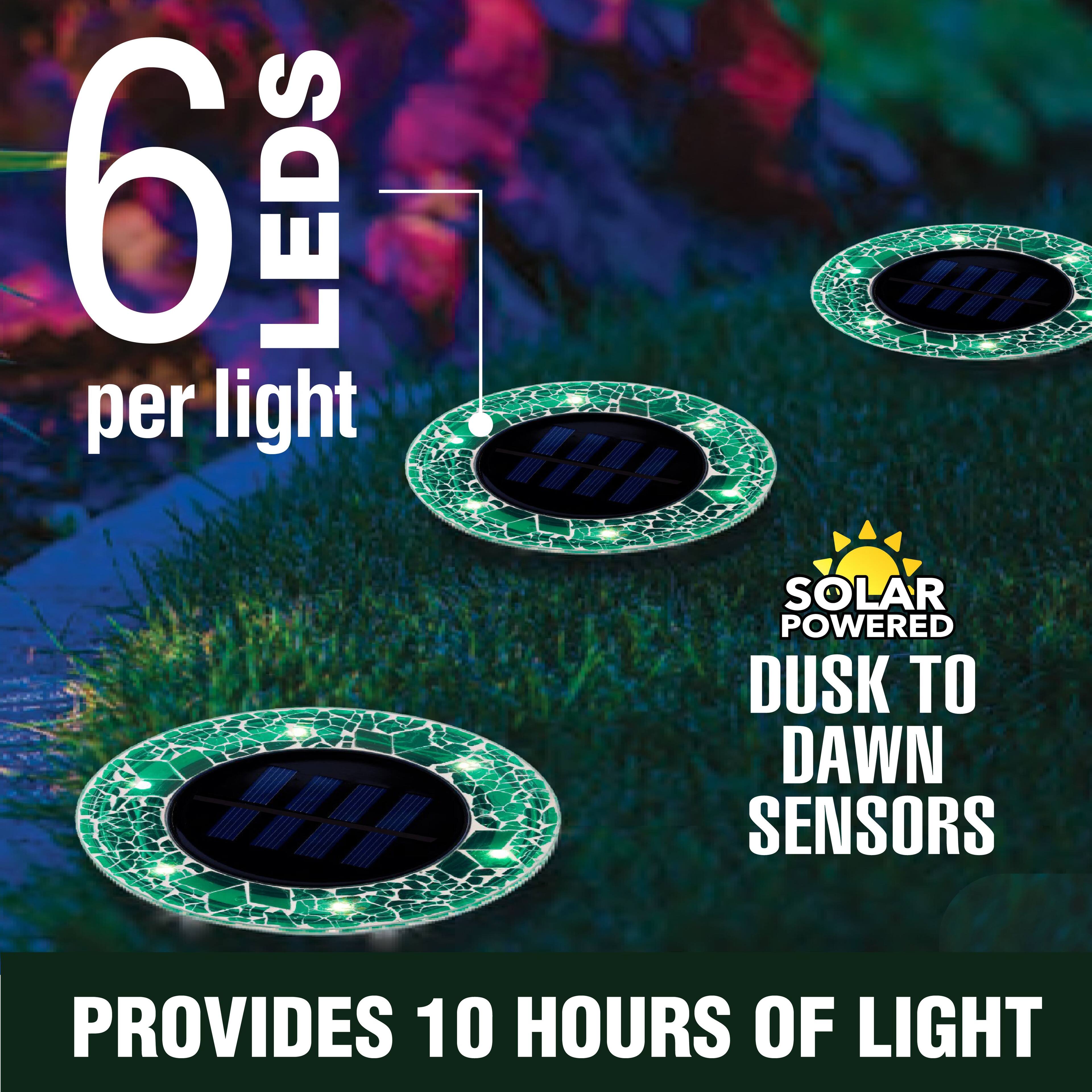 6 LEDs per light  
SOLAR POWERED  
DUSK TO DAWN SENSORS  
PROVIDES 10 HOURS OF LIGHT