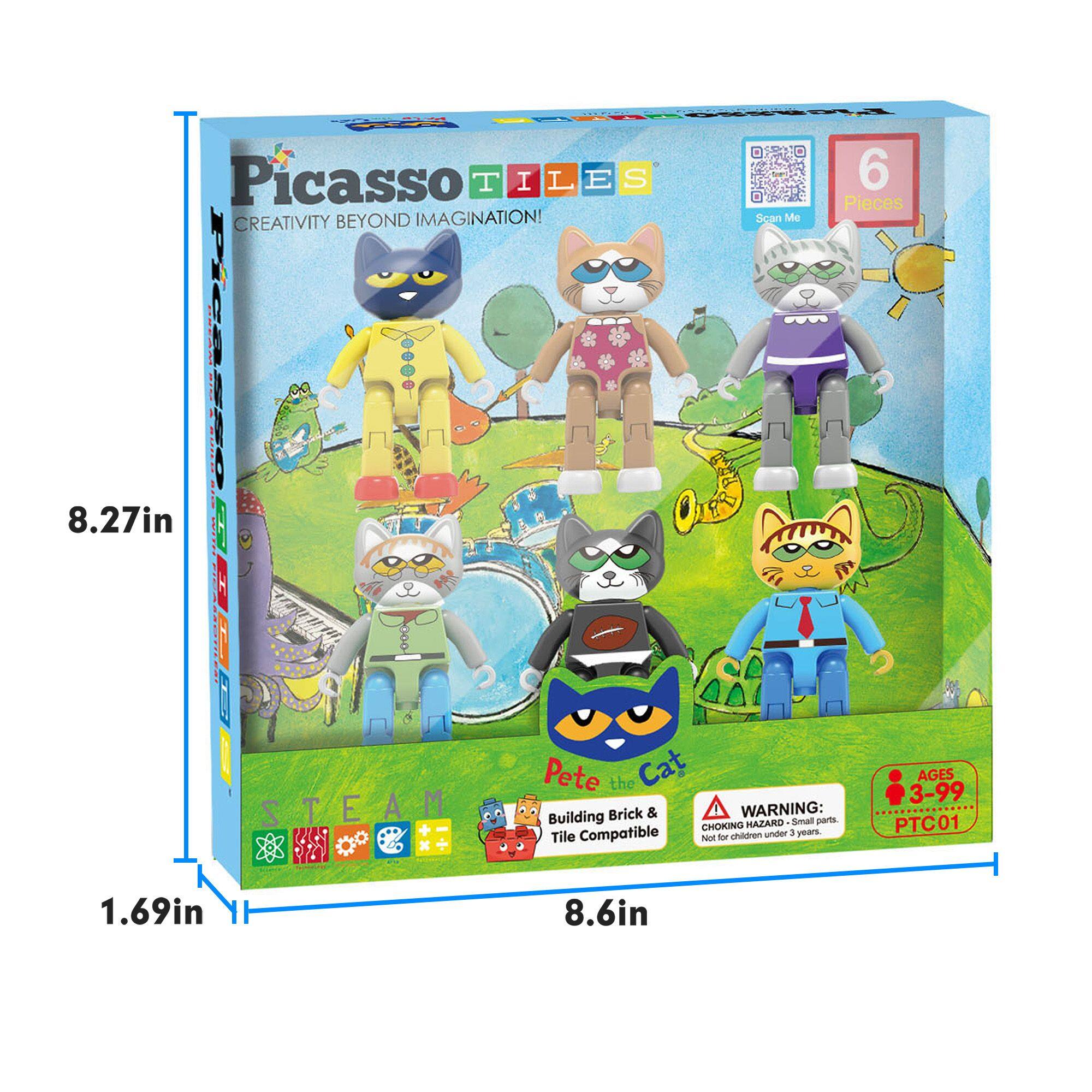Picasso TILES  
CREATIVITY BEYOND IMAGINATION!  

6 Pieces  

STEAM  

Pete the Cat Brick & Tile Compatible  

WARNING: Building CHOKING HAZARD - Small parts. Not for children under 3 years.  

AGES 3-99  

PTC01  

8.27in x 8.6in x 1.69in  

Scan Me