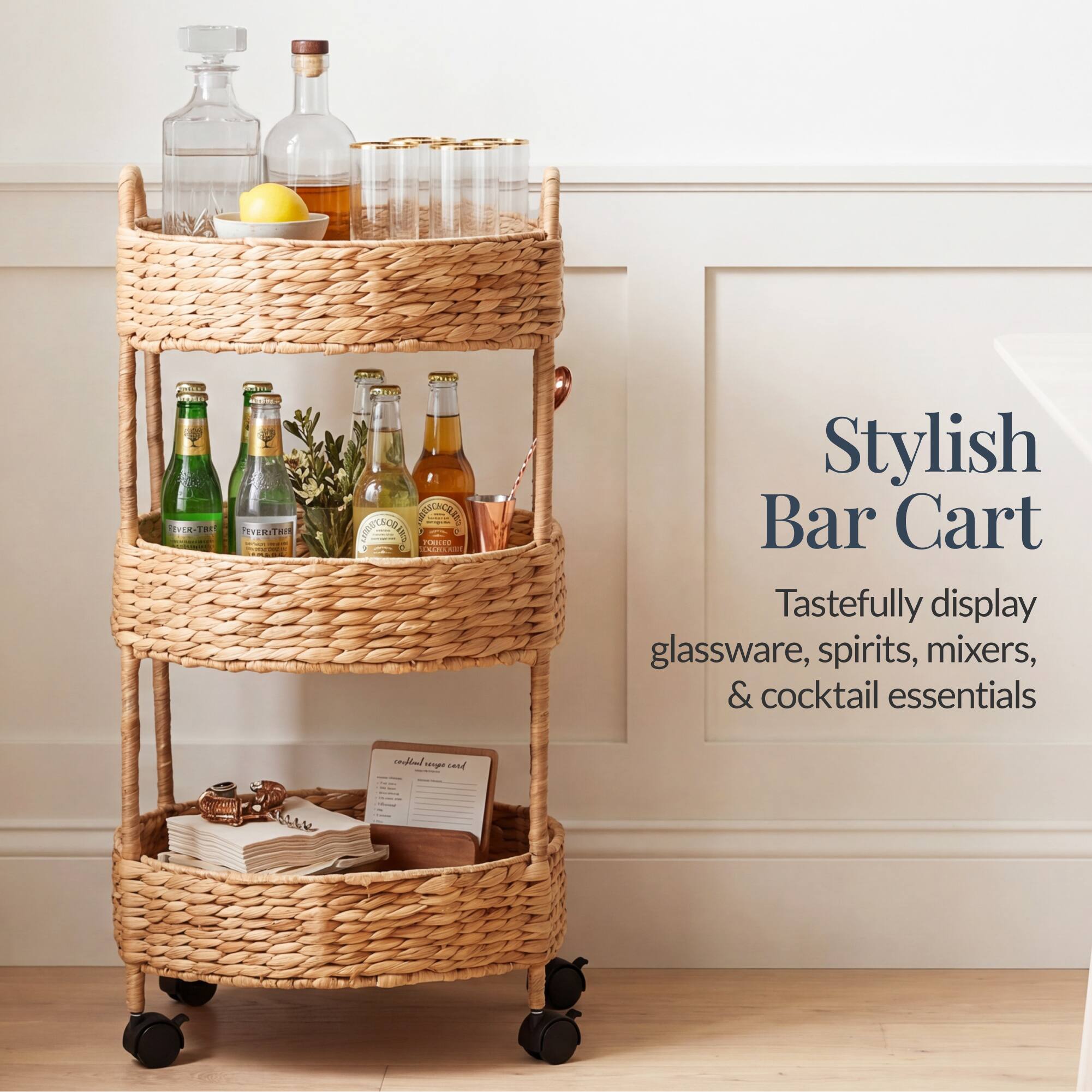Stylish Bar Cart  
Tastefully display glassware, spirits, mixers, & cocktail essentials