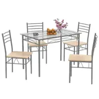 Costway 5 Piece Dining Set Table and 4 Chairs Glass Top Kitchen Breakfast Furniture Brown - Brown and Silver - Front_Zoom