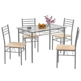 Costway - 5 Piece Dining Set Table and 4 Chairs Glass Top Kitchen Breakfast Furniture Brown - Brown and Silver