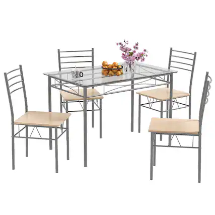 Front. Costway - 5 Piece Dining Set Table and 4 Chairs Glass Top Kitchen Breakfast Furniture Brown - Brown and Silver.