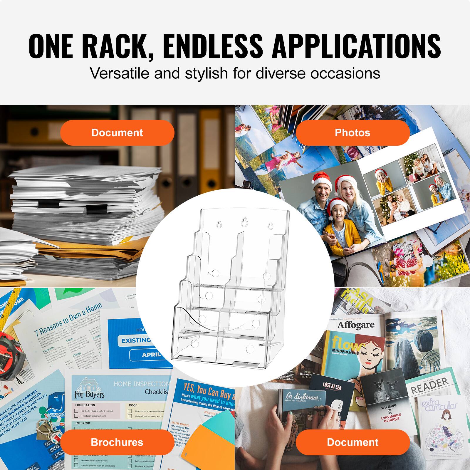 ONE RACK, ENDLESS APPLICATIONS  
Versatile and stylish for diverse occasions  

Document  
Photos  
Brochures  
Document  

7 Reasons to Own a Home  
HOME INSPECTION Checklist  
YES, You Can Buy Anstabusting  
Affogare  
flow  
La distanza  
READER  
extra cumular  
WU MIN  
I'INVISIBILE OVUNQUE