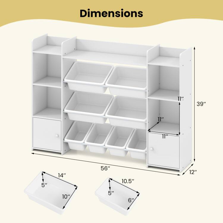 Dimensions:  
- Height: 39"  
- Width: 56"  
- Depth: 12"  
- Shelf Height: 11"  
- Drawer Height: 11"  
- Drawer Width: 14"  
- Drawer Depth: 10"  
- Tray Dimensions: 10.5" x 6" x 5"