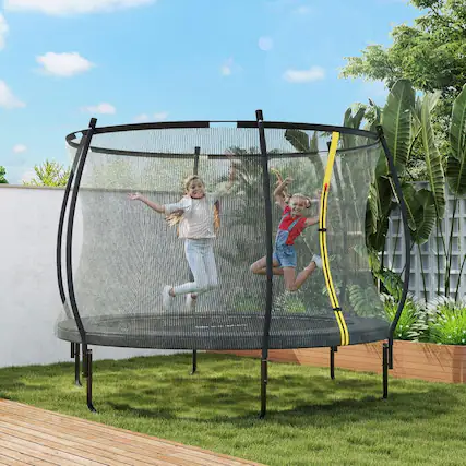 Front. Resenkos - 8-Foot Outdoor Trampoline with Full Safety Net Enclosure and Curved Poles - Black - Black.