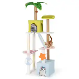 Kadyn - Cat Scratching Tower,Cat Tree, 71 Inch Cat Tree Multi-Level Aesthetic Beach-Themed Kitten Tower-Colorful - White