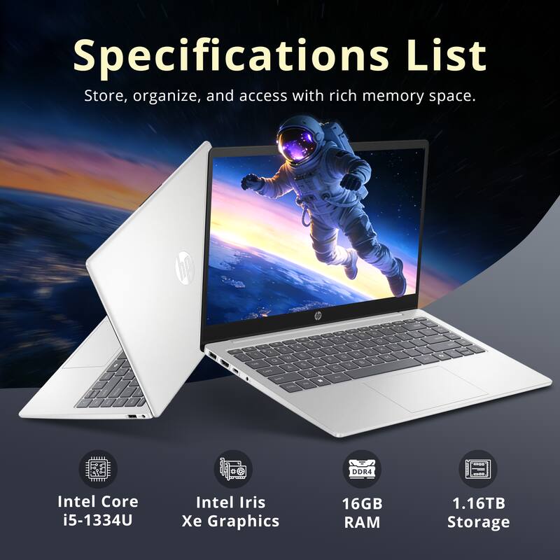Specifications List  
Store, organize, and access with rich memory space.

- Intel Core i5-1334U
- Intel Iris Xe Graphics
- 16GB RAM
- 1.16TB Storage