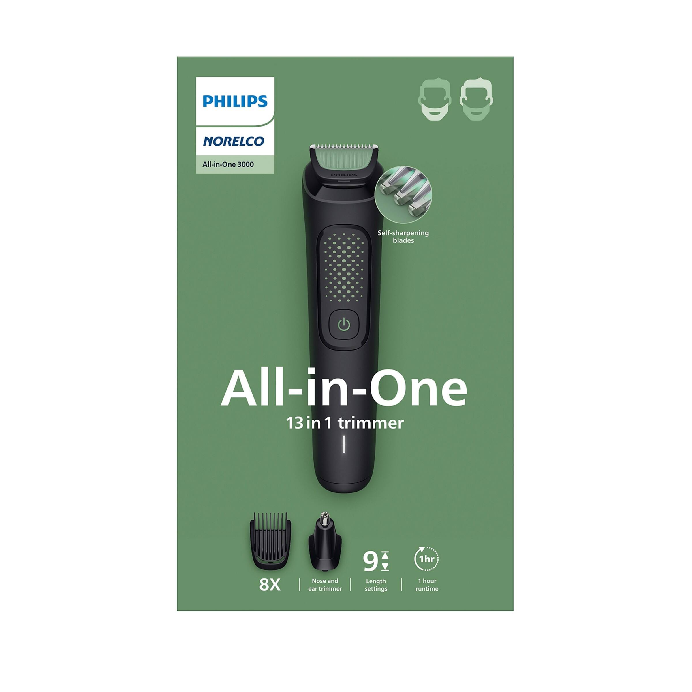 PHILIPS NORELCO All-in-One 3000  
Self-sharpening blades  
All-in-One 13 in 1 trimmer  
8X Nose and ear trimmer  
9 Length settings  
1hr runtime