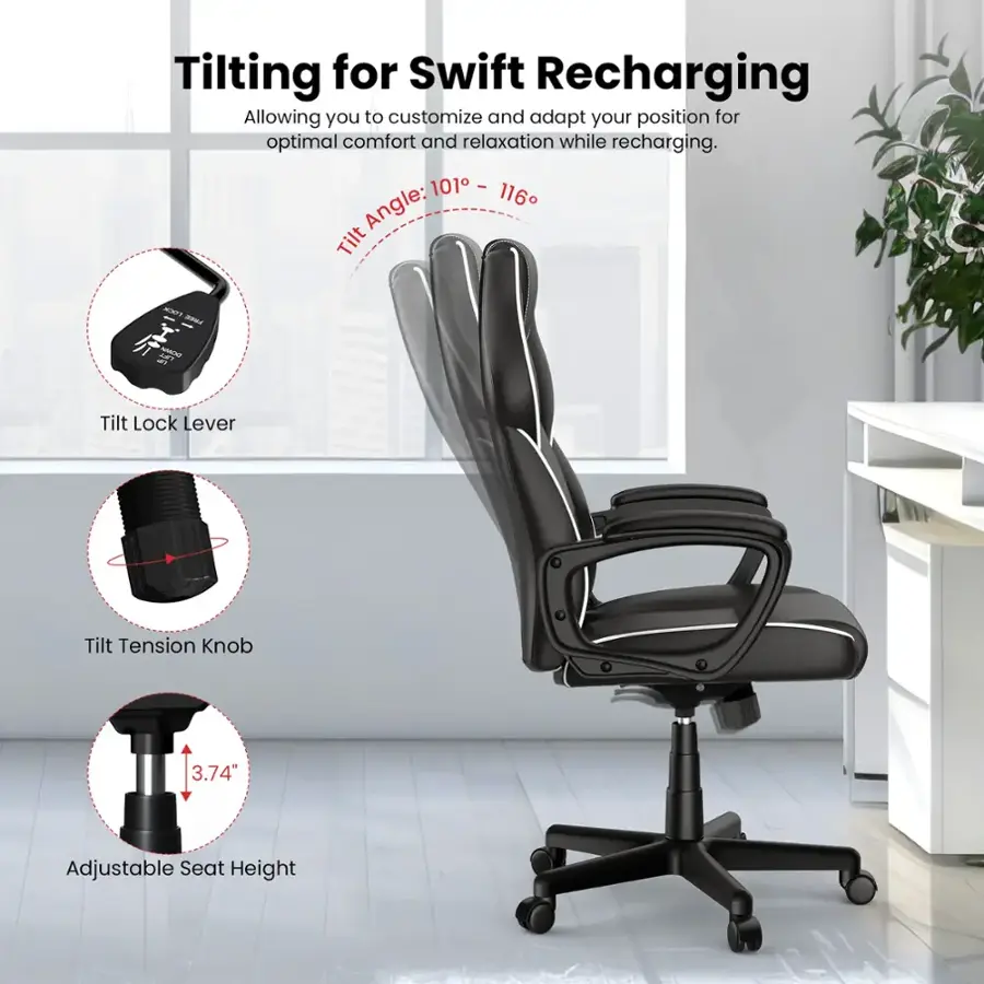 Tilting for Swift Recharging: Allowing you to customize and adapt your position for optimal comfort and relaxation while recharging. 101° Angle: Tilt - Tilt Lock Lever - Tilt Tension Knob - 3.74" Adjustable Seat Height.