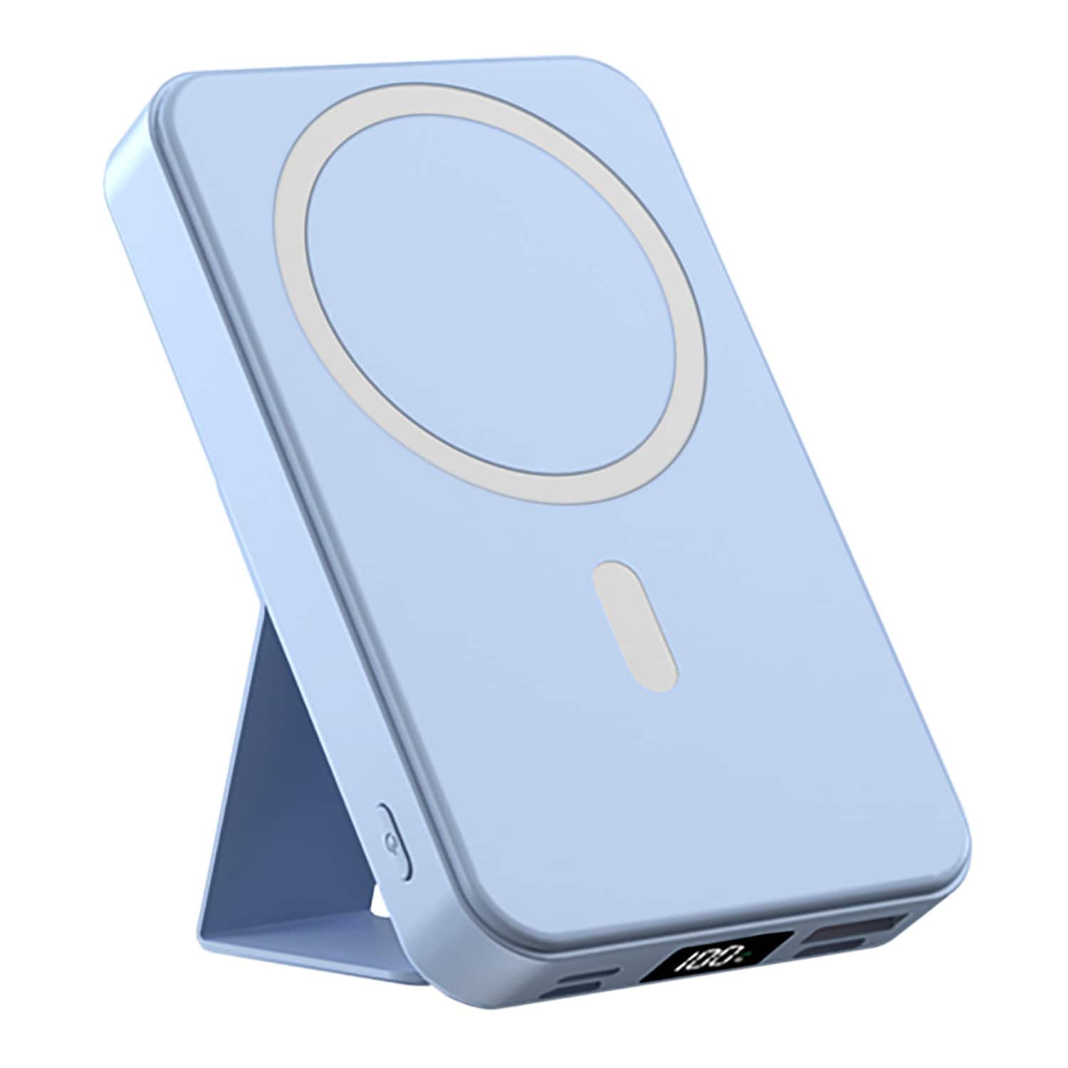 Alpha Digital - 10,000mAh Portable Magnetic Wireless Charge Power Bank with Phone Stand - Blue