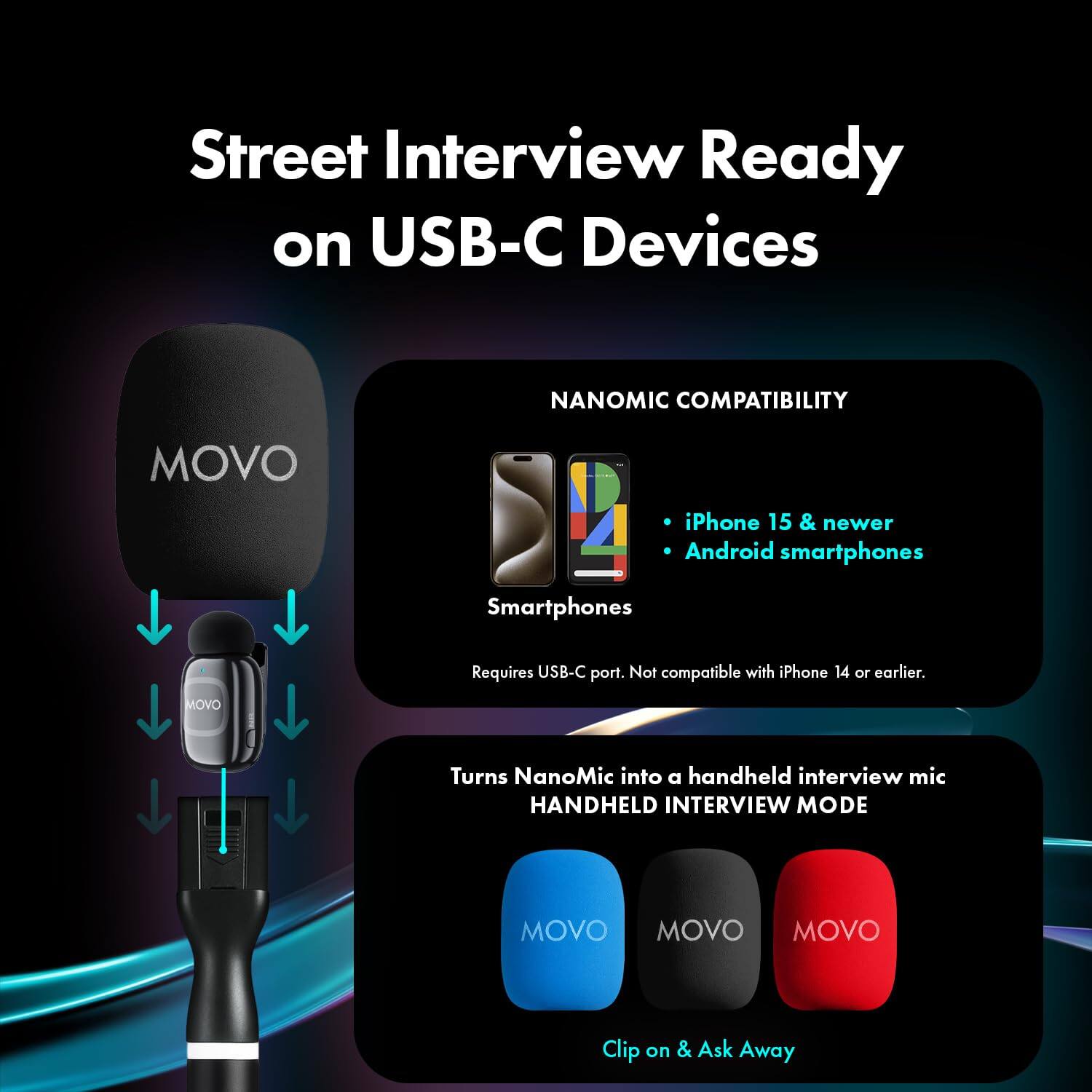 Street Interview Ready on USB-C Devices

NANOMIC COMPATIBILITY
- iPhone 15 & newer
- Android smartphones
Requires USB-C port. Not compatible with iPhone 14 or earlier.

Turns NanoMic into a handheld interview mic
HANDHELD INTERVIEW MODE
Clip on & Ask Away