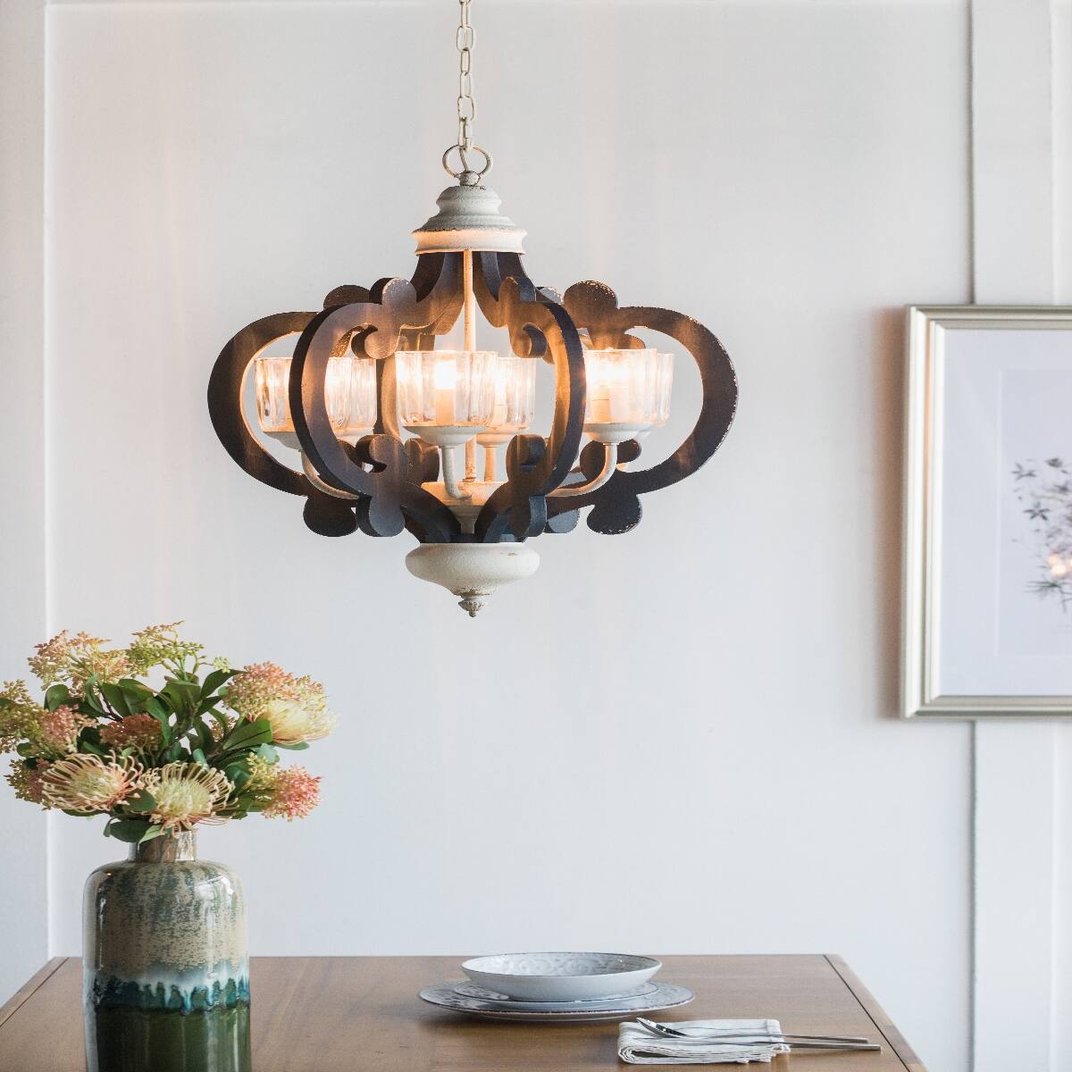 Alt View 3. Loheer - Loheer 6 Light Wood Chandelier Blue and White Farmhouse Pendant for Dining Room.