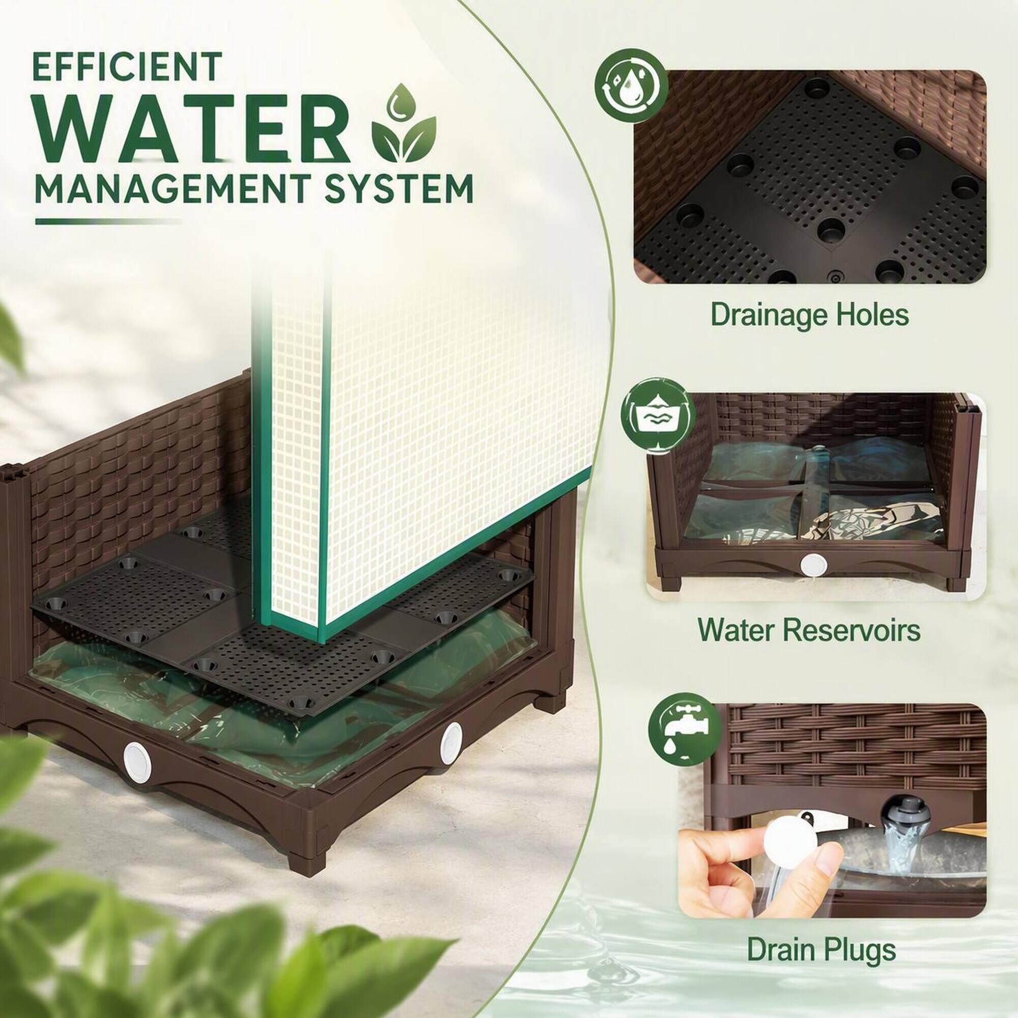 EFFICIENT WATER MANAGEMENT SYSTEM  
- Drainage Holes  
- Water Reservoirs  
- Drain Plugs