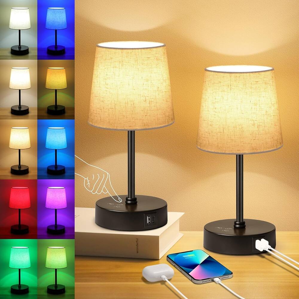 Angle. RTMB - Set of 2 Table Lamps – RGB Dimmable Touch Lights with USB Ports.