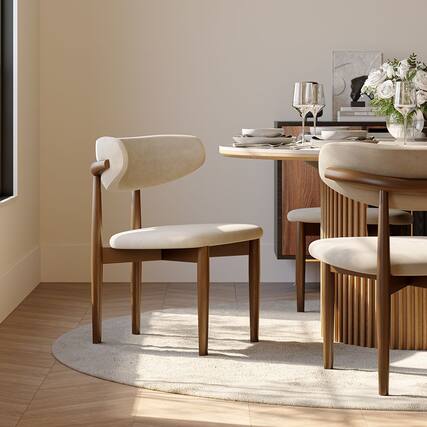 Front. POVISON - Mid-Century Modern Wood Dining Chairs Set of 2(Cotton Linen,Beige & Walnut) - Beige & Walnut.