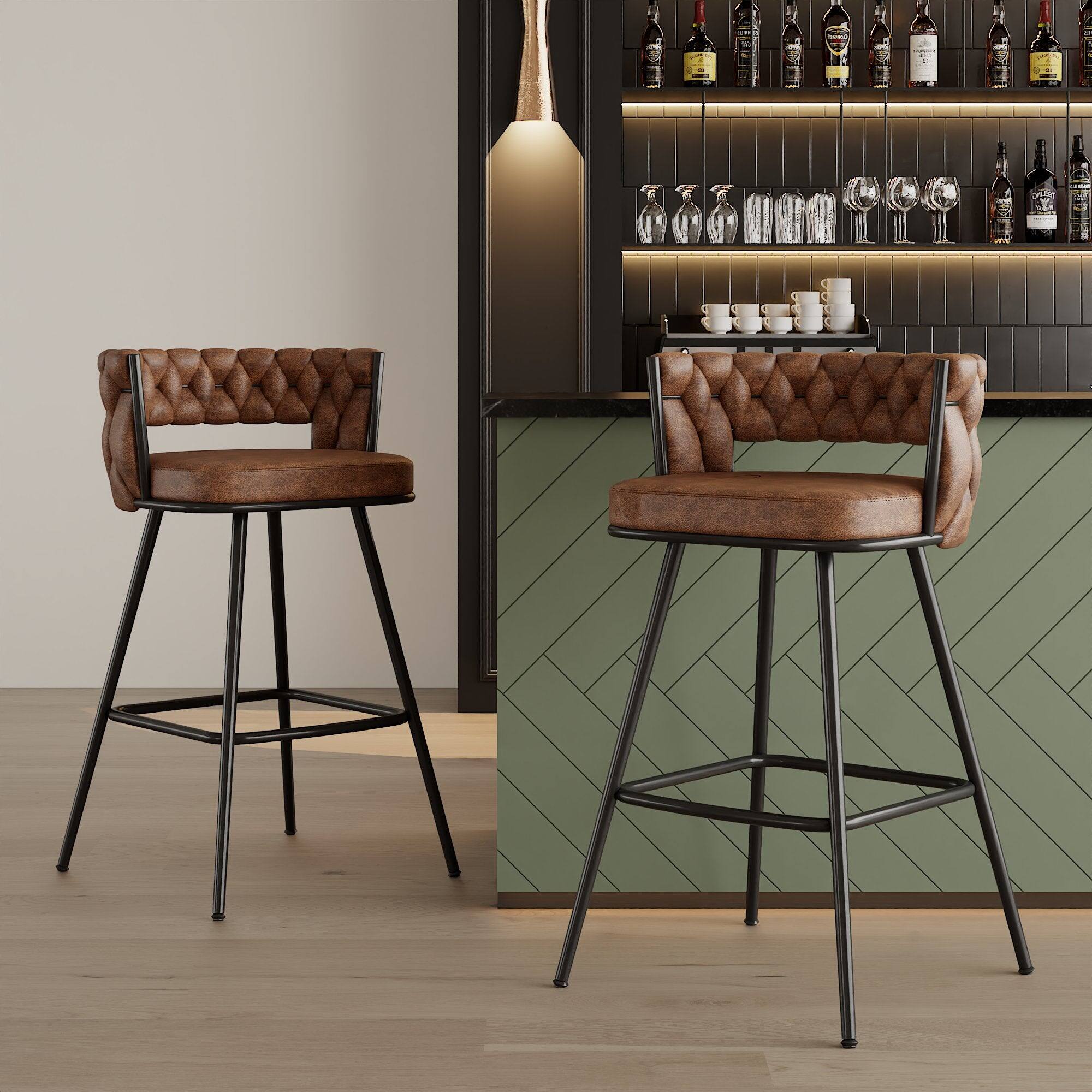 Front. Vecelo - Set of 2 Brown PU Leather Bar Stool with Electroplated Metal Frame – 34-Inch Tall Bar Chair with Footrest - Brown.