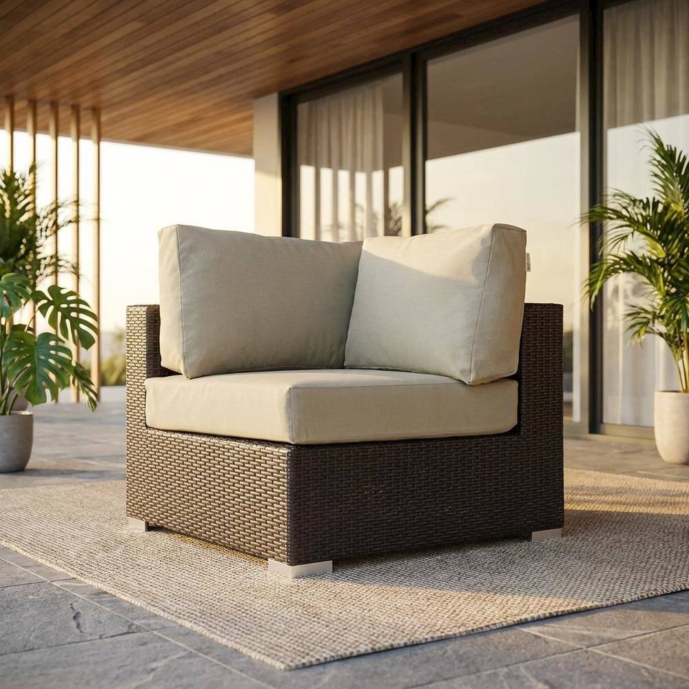 Angle. Outdoor Escape - Outdoor Patio Corner With Cushioned Seating And Armrests For Cozy Outdoor Living - Beige.