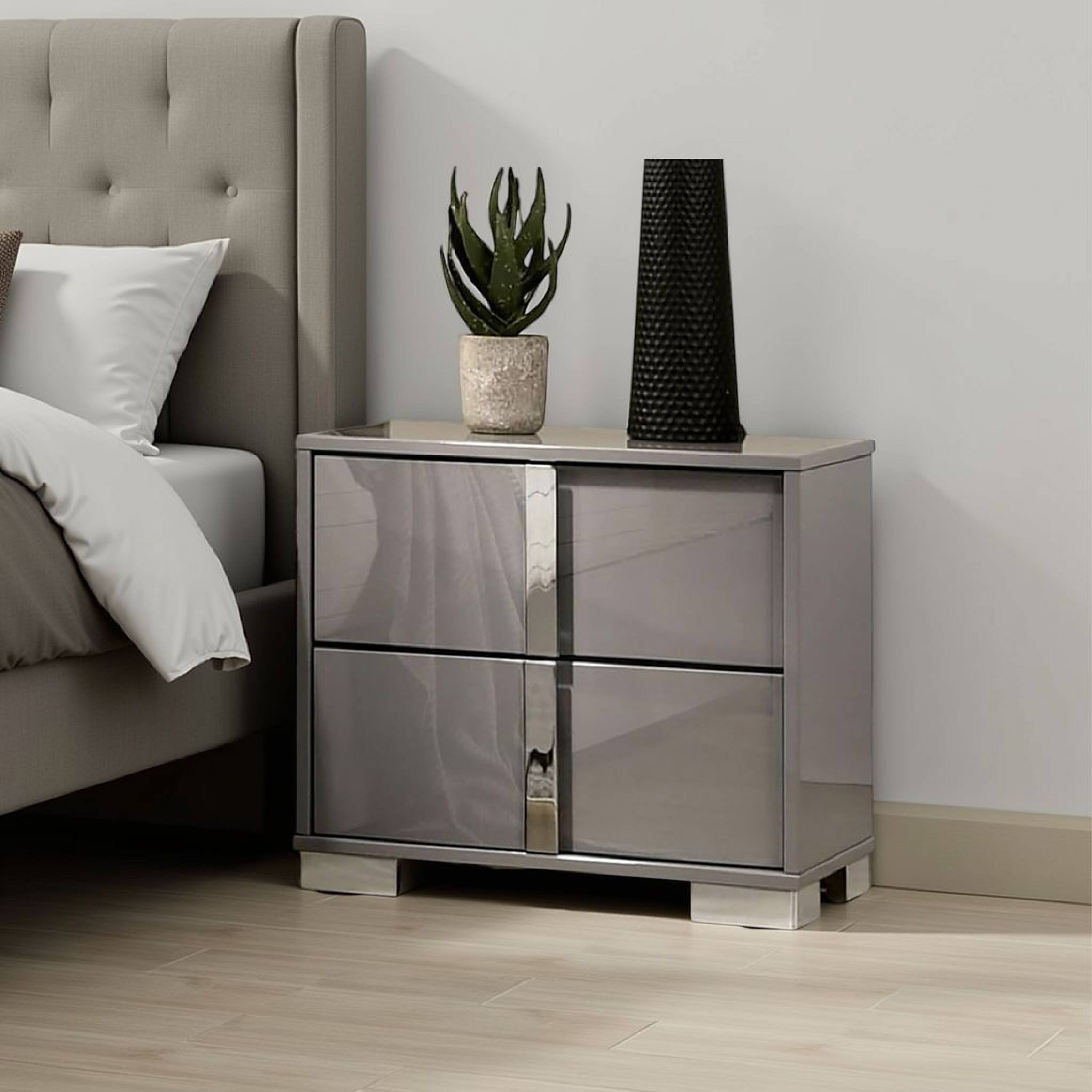 Alt View 5. Manhattan Lane - Suni Nightstand, Light Taupe Wood with UV Finish, 2 Drawers, 24 Inch - Light Taupe, Chrome.