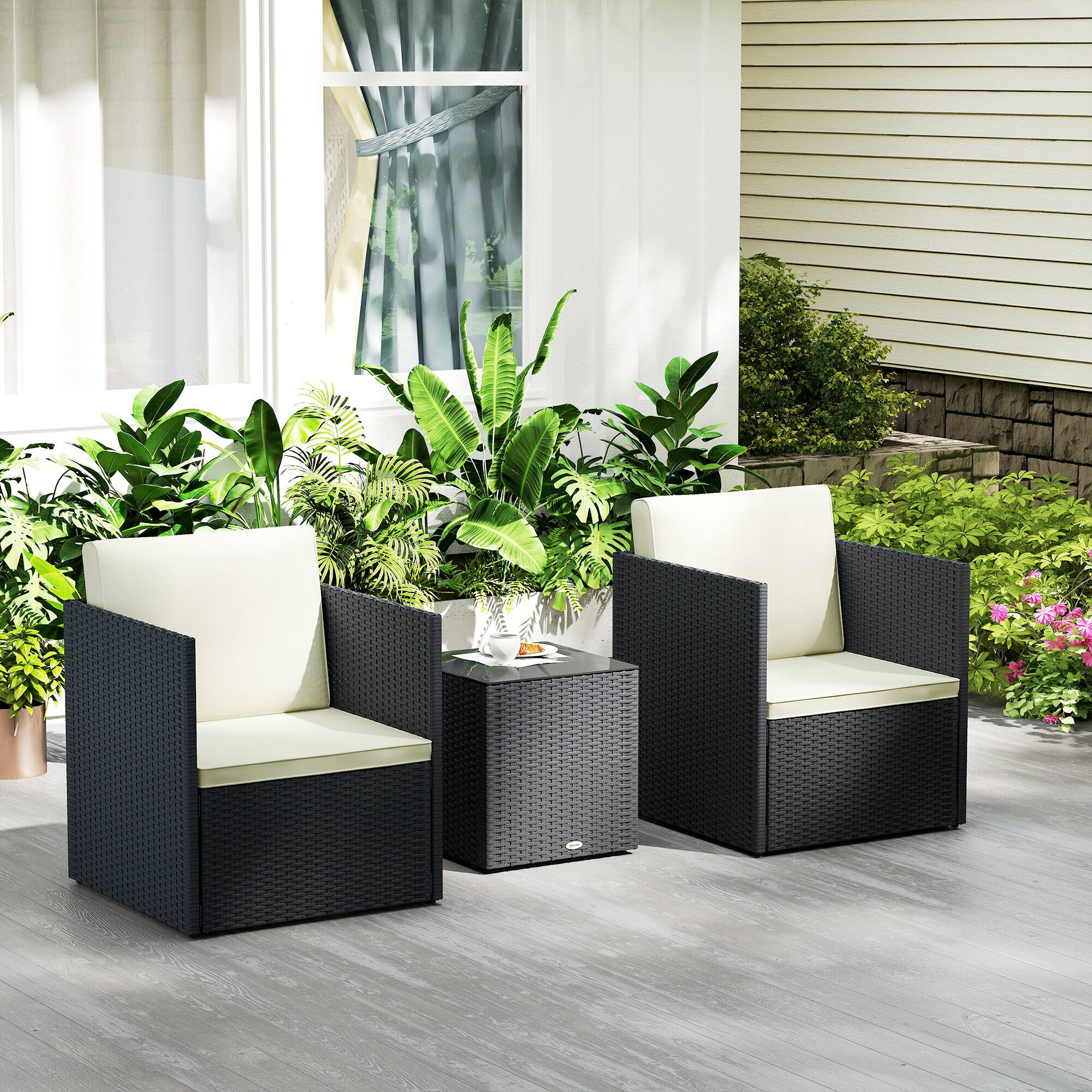 Alt View 1. Outsunny - Wicker Bistro Set, 3 Piece Patio Furniture Set with Cushions and Glass Coffee Table for Porch - Black.