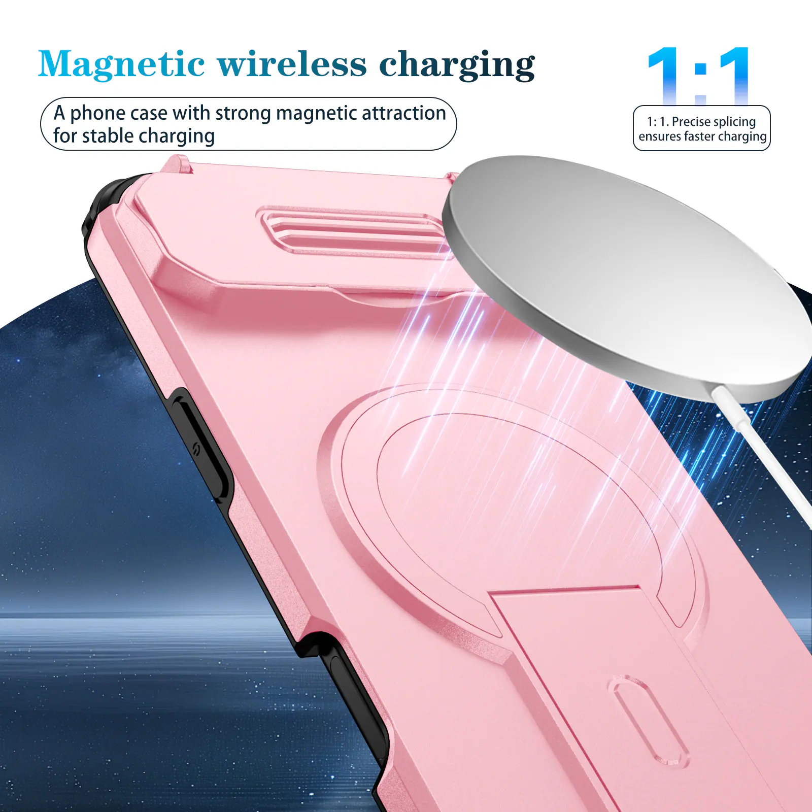 Magnetic wireless charging

A phone case with strong magnetic attraction for stable charging

1:1

1:1. Precise splicing ensures faster charging